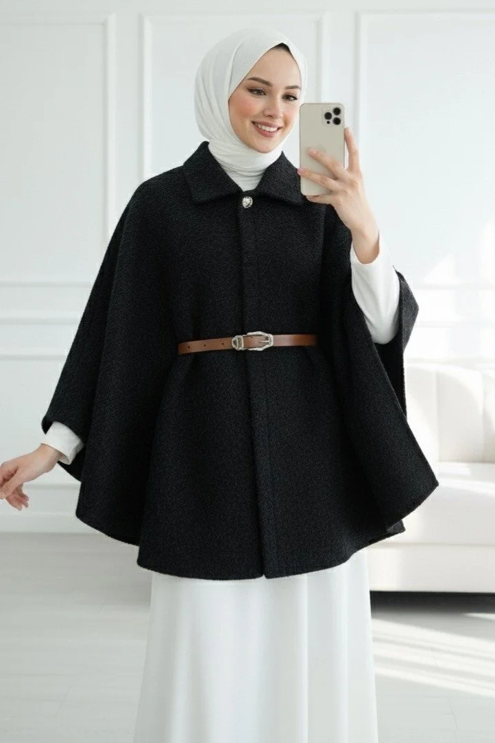 Single Button Belted Fringe Poncho - Black - Podyumplus - by Peralane