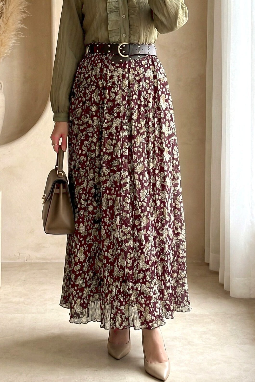 Floral Lined Chiffon Skirt with Thick Waistband - Olive - Podyumplus - by Peralane