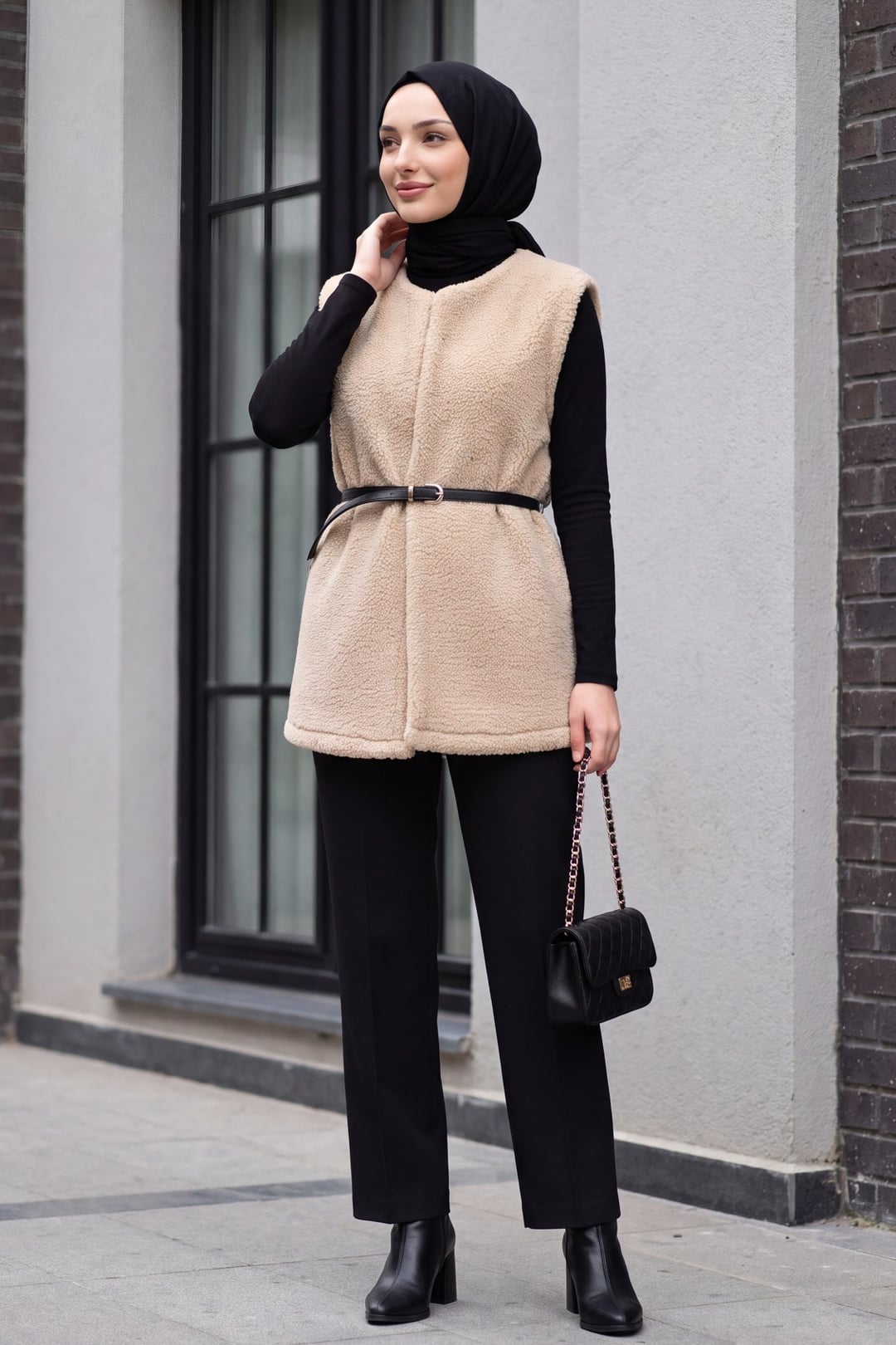 Beige Belted Lined Plush Vest - Podyumplus - by Peralane - photo 5