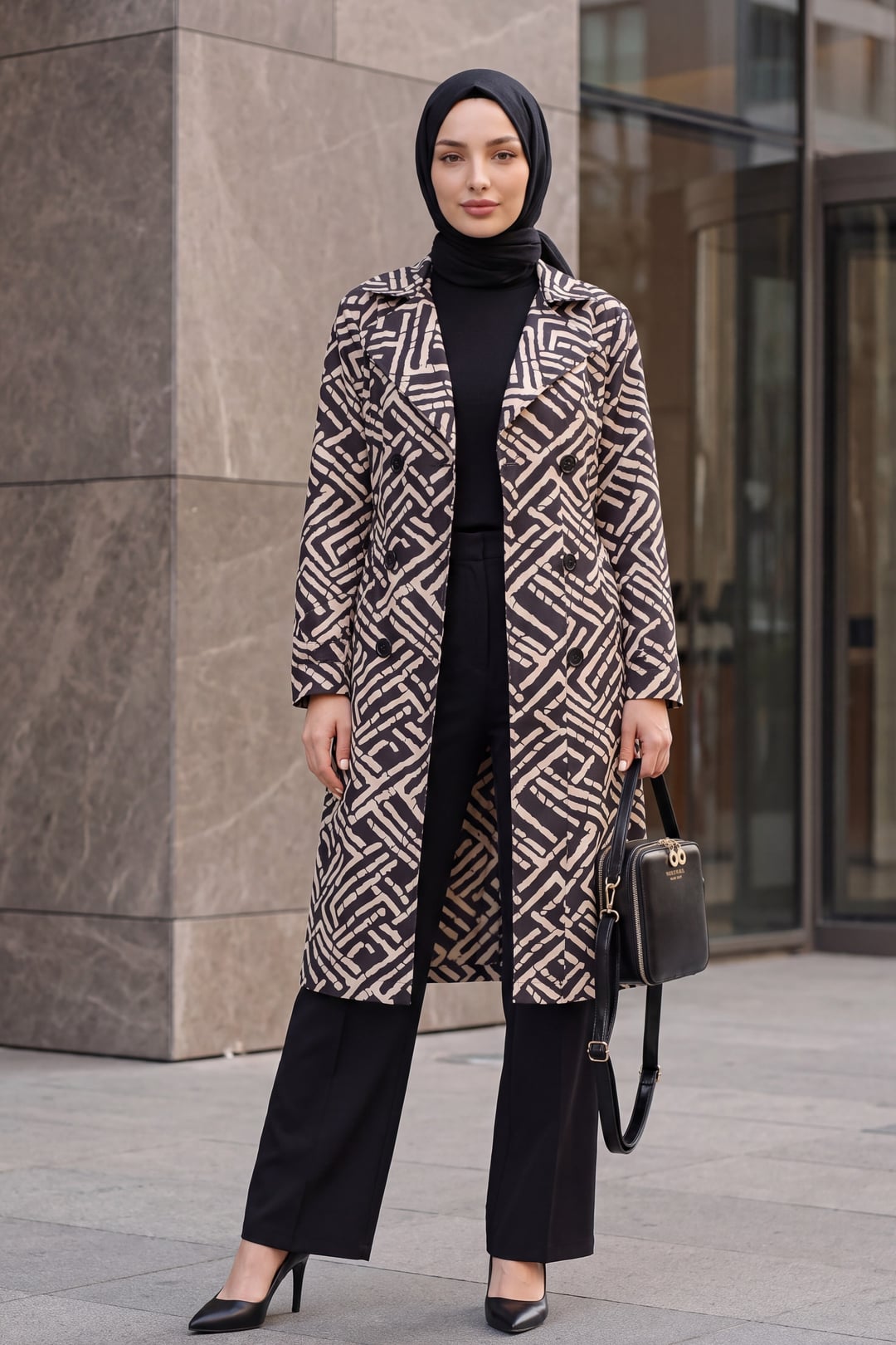 Double-Breasted Trench Coat with Abstract Geometric Print - Black - Wholeskop - by Peralane - photo 4