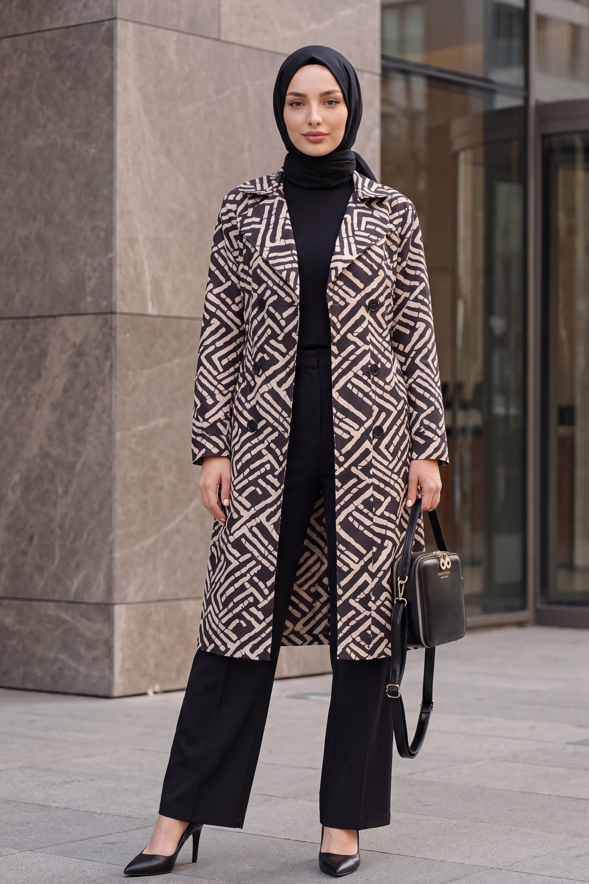 Black and Cream Abstract Print Double-Breasted Belted Trench Coat - Bigdart - by Peralane - photo 4