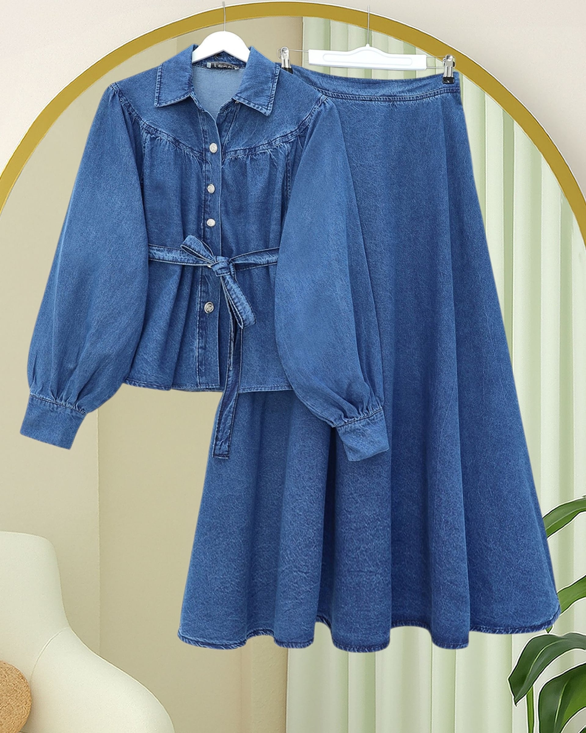 Women's Belted Button-Front Denim Skirt Suit - Indigo - Podyumplus - by Peralane - photo 5