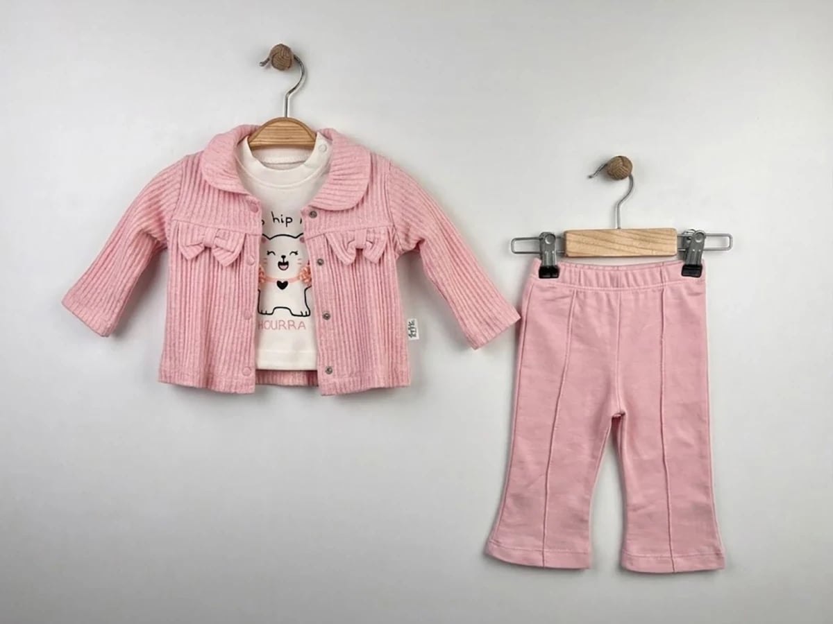 3-Piece Baby Girl Set with Bow Detail and Cat Print - Elci Baby - by Peralane