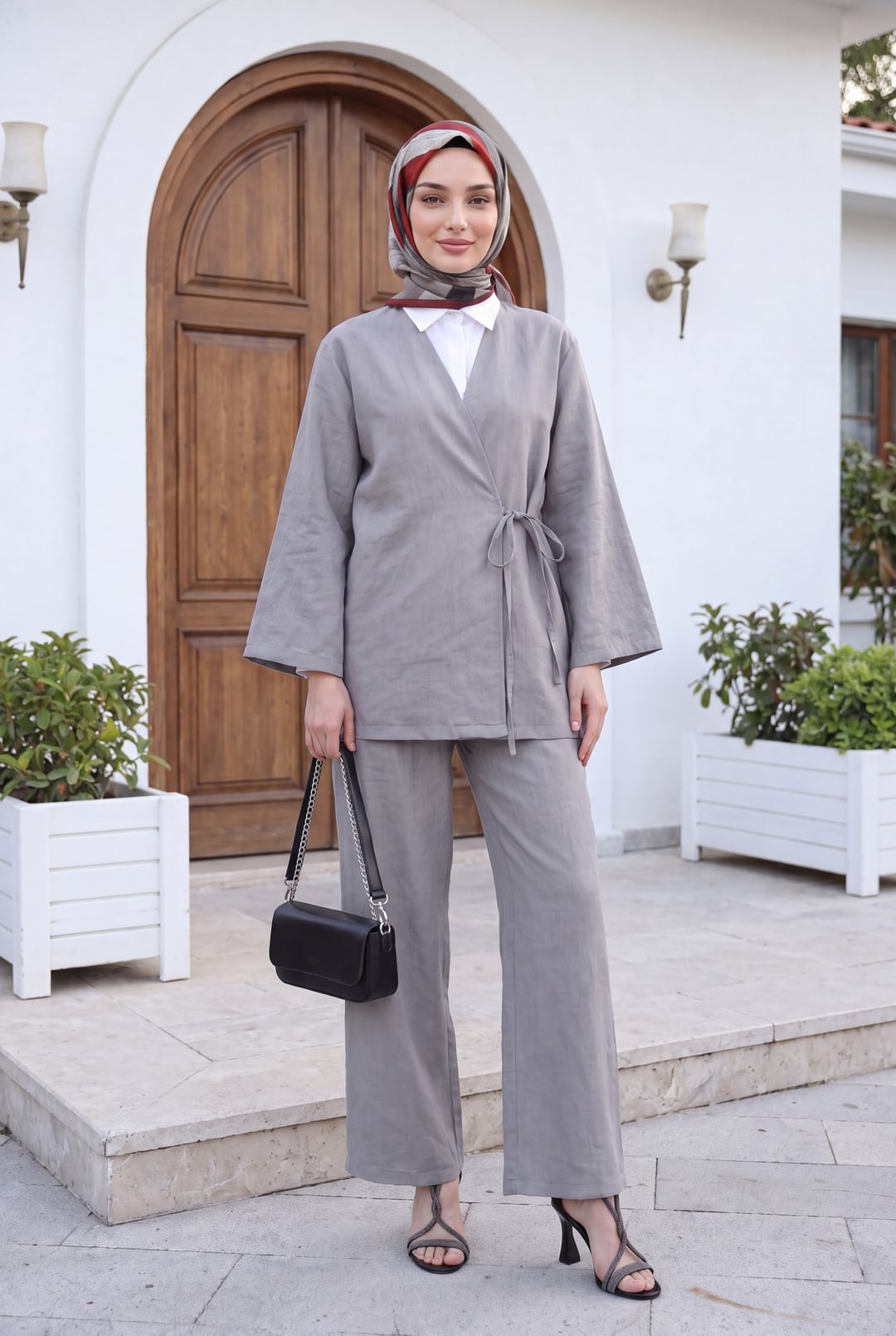 Front-Tie Kimono Set with Wide-Leg Pants - Grey - Podyumplus - by Peralane