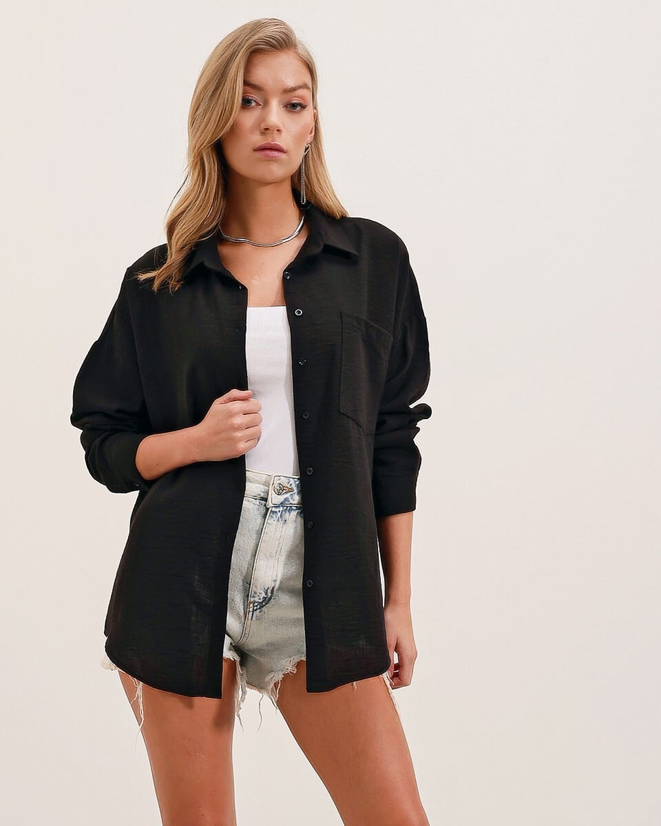 Single Pocket Oversize Linen Shirt - Black - Bigdart - by Peralane - photo 3