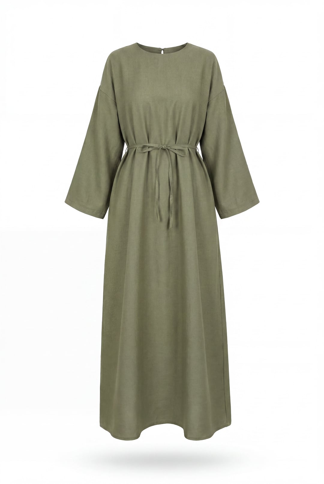 Olive Green Belted Linen Look Dress with Back Zip - Podyumplus - by Peralane - photo 5