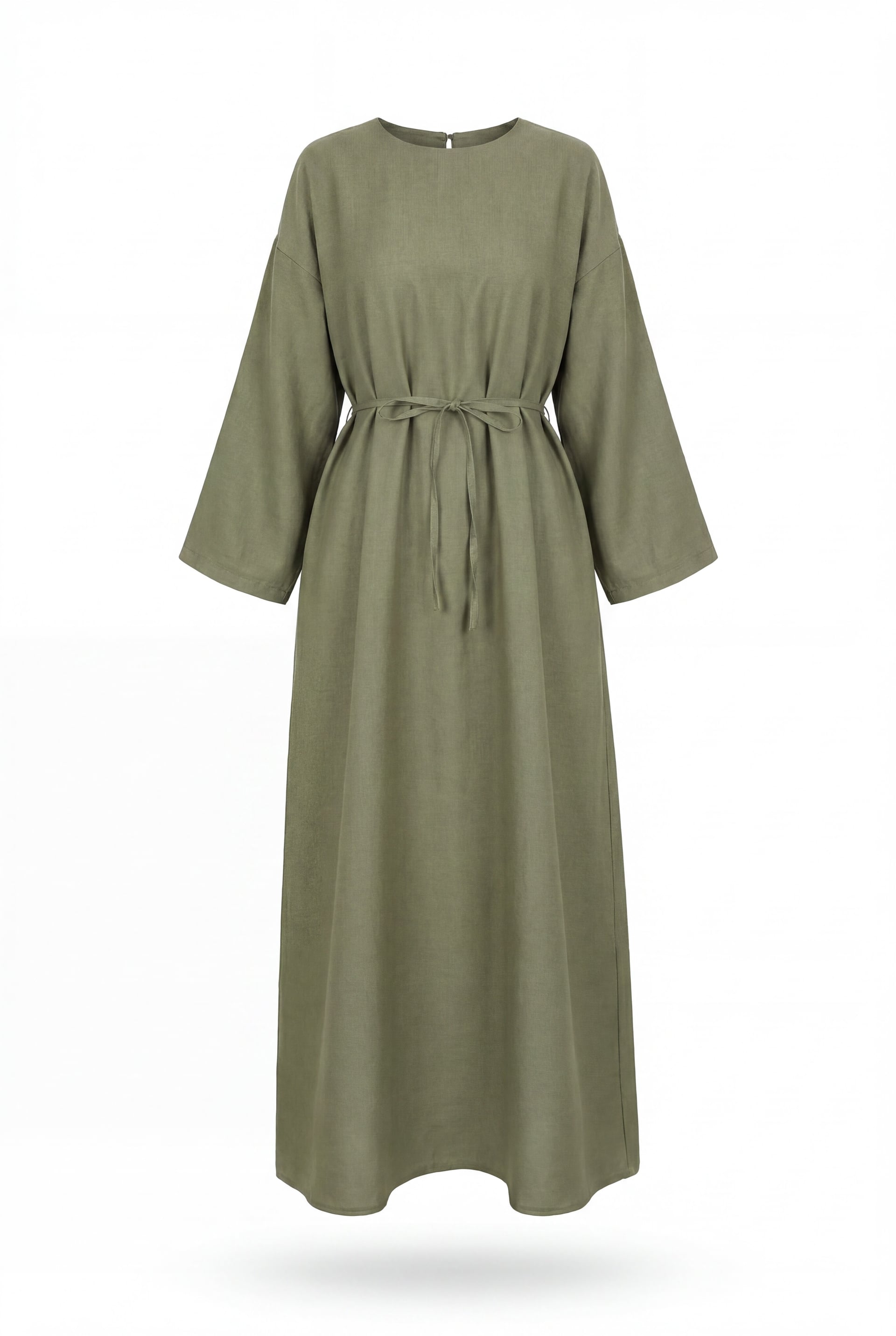 Olive Green Belted Linen Look Dress with Back Zip - Podyumplus - by Peralane - photo 5
