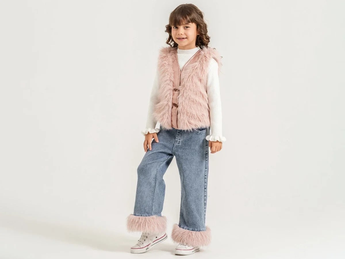 Striped Frill Detail Faux Fur Jacket Buttoned Girls' Three-Piece Set - Pampal Kids - by Peralane