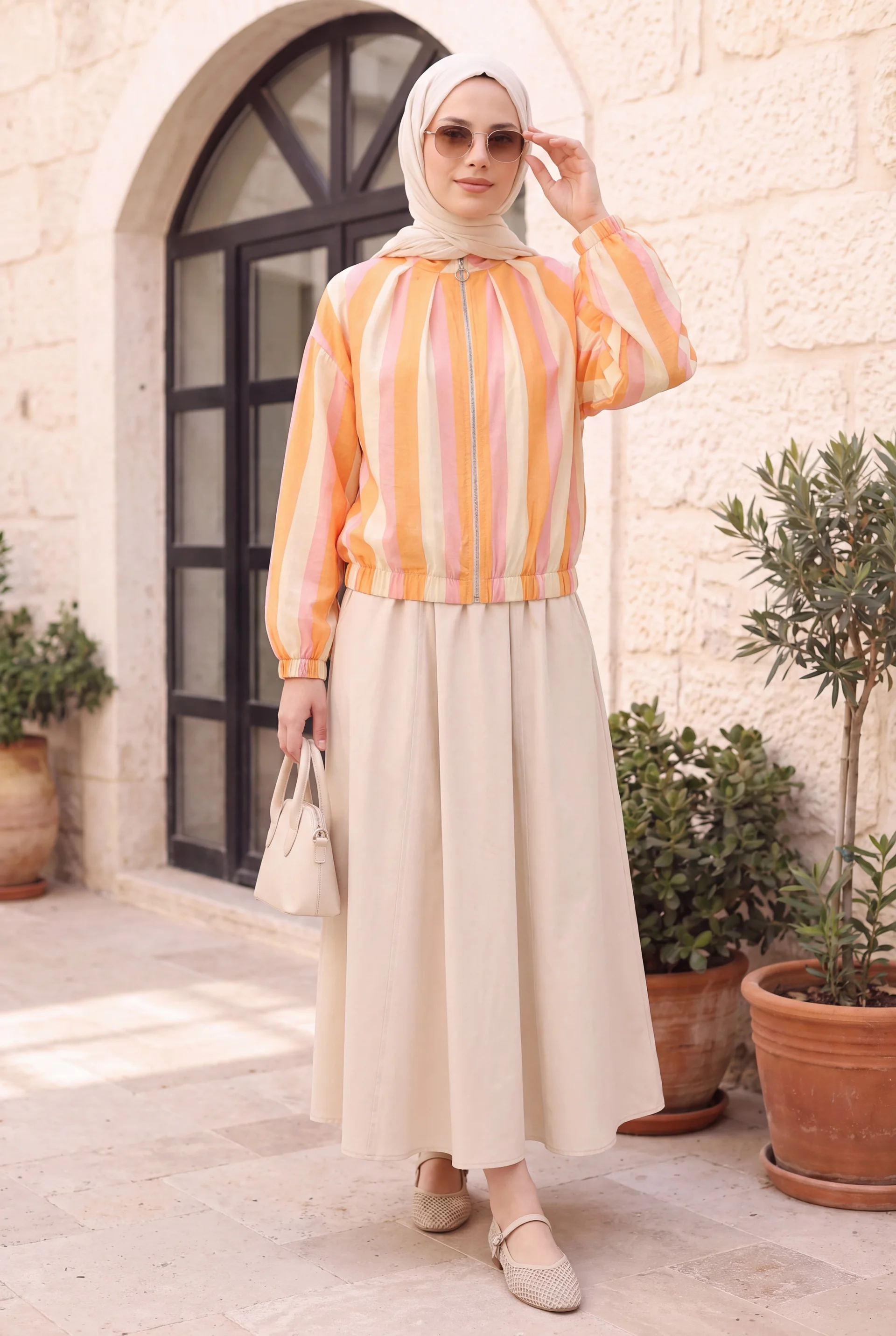 Elasticated Cuff and Hem Zip-Up Patterned Summer Jacket - Orange - Podyumplus - by Peralane - photo 5