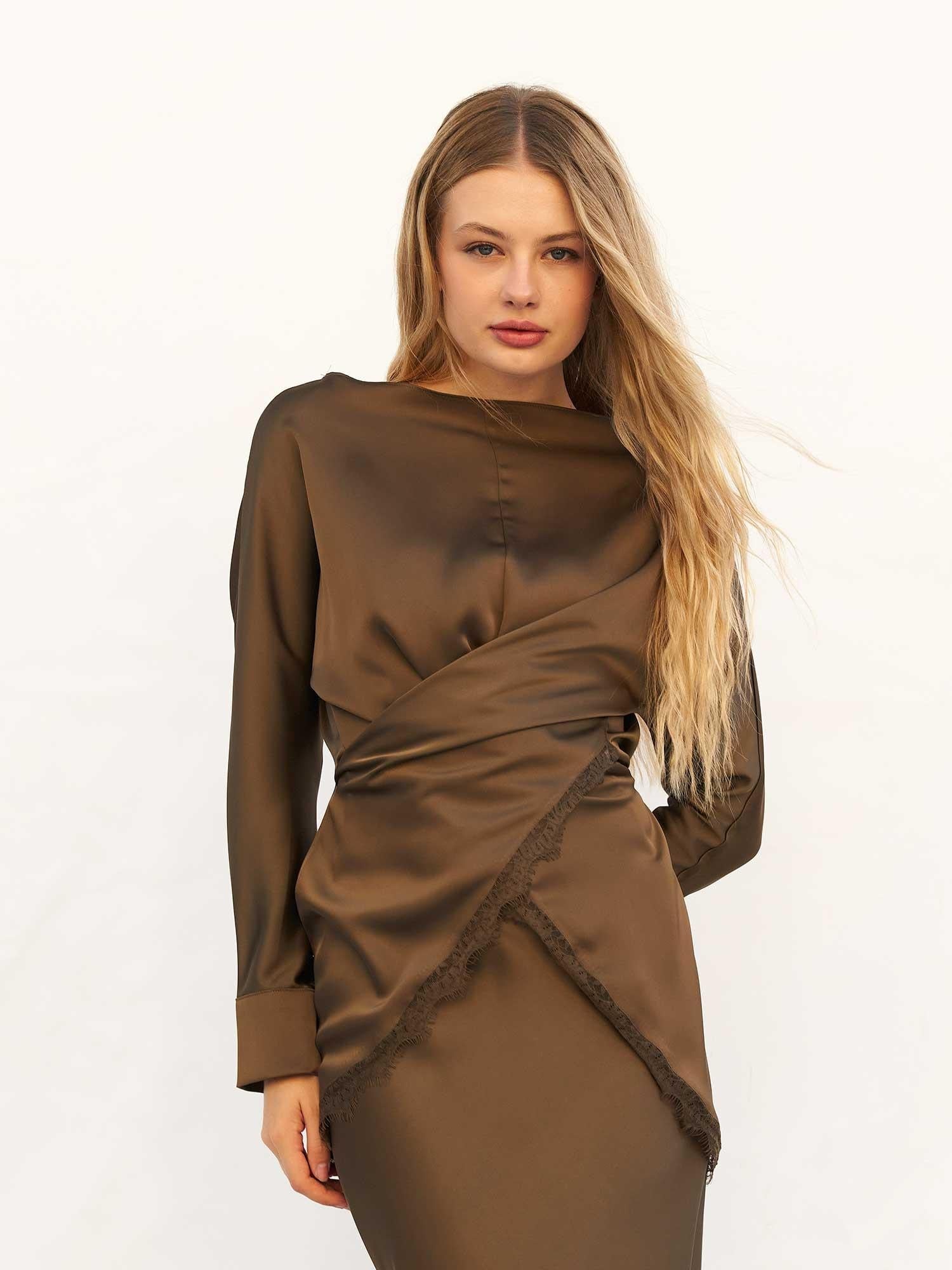 Satin Dress with Lace Trim and Floor-Length Skirt - Lefon - by Peralane - photo 2