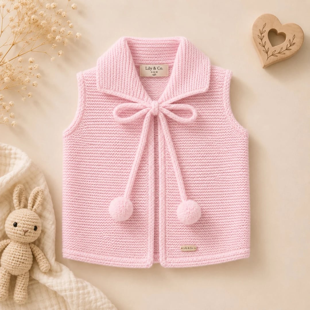 Knitted Baby Vest with Bow Tie - Pink - Has Bereket - by Peralane