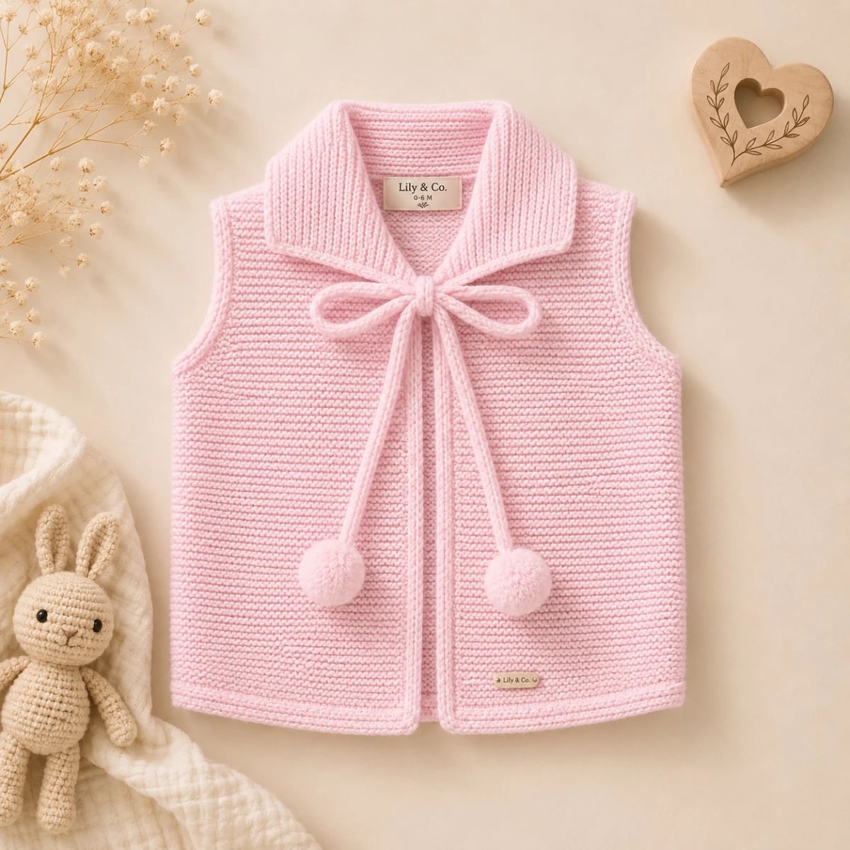 Knitted Baby Vest with Bow Tie - Pink - Has Bereket - by Peralane