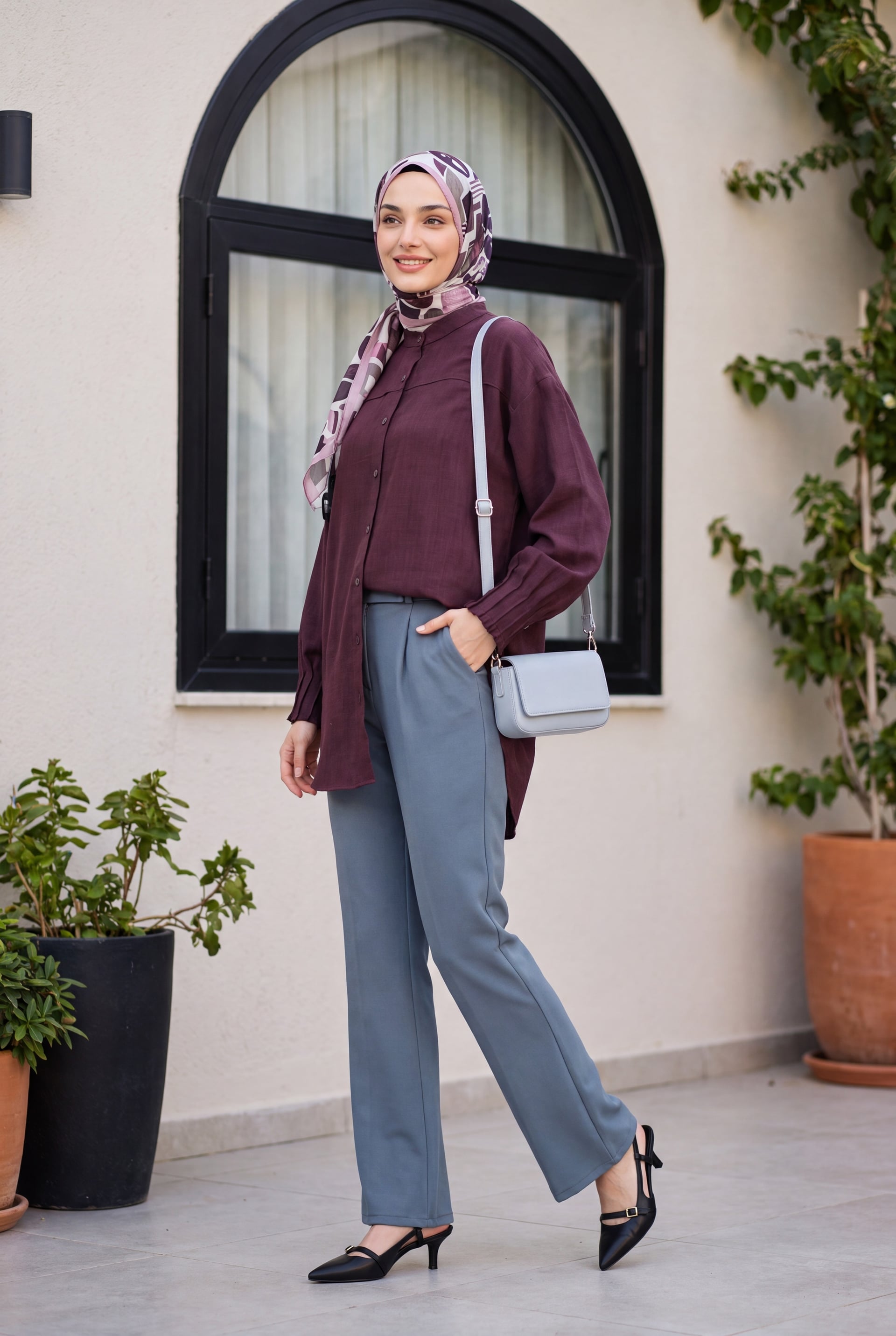 Oval Cut Tunic with Pleated Cuff - Plum - Podyumplus - by Peralane - photo 7