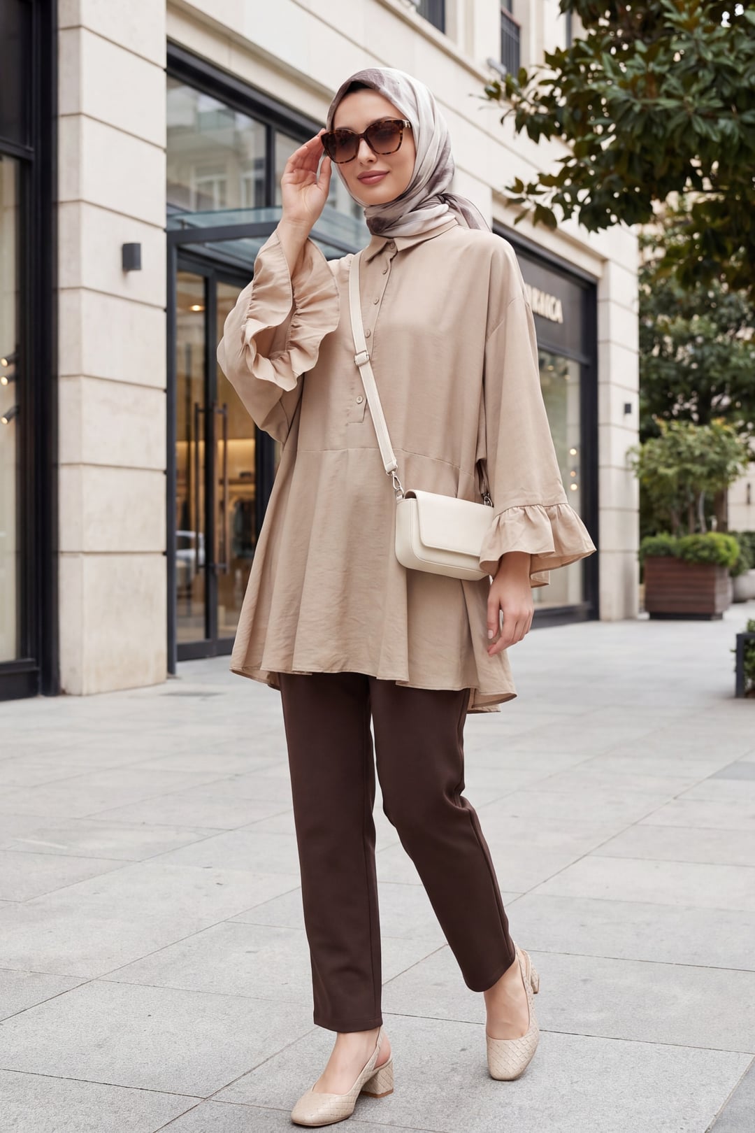 Buttoned Belted Batwing Sleeve Flounced Oversize Modal Tunic - Mink - Podyumplus - by Peralane - photo 4