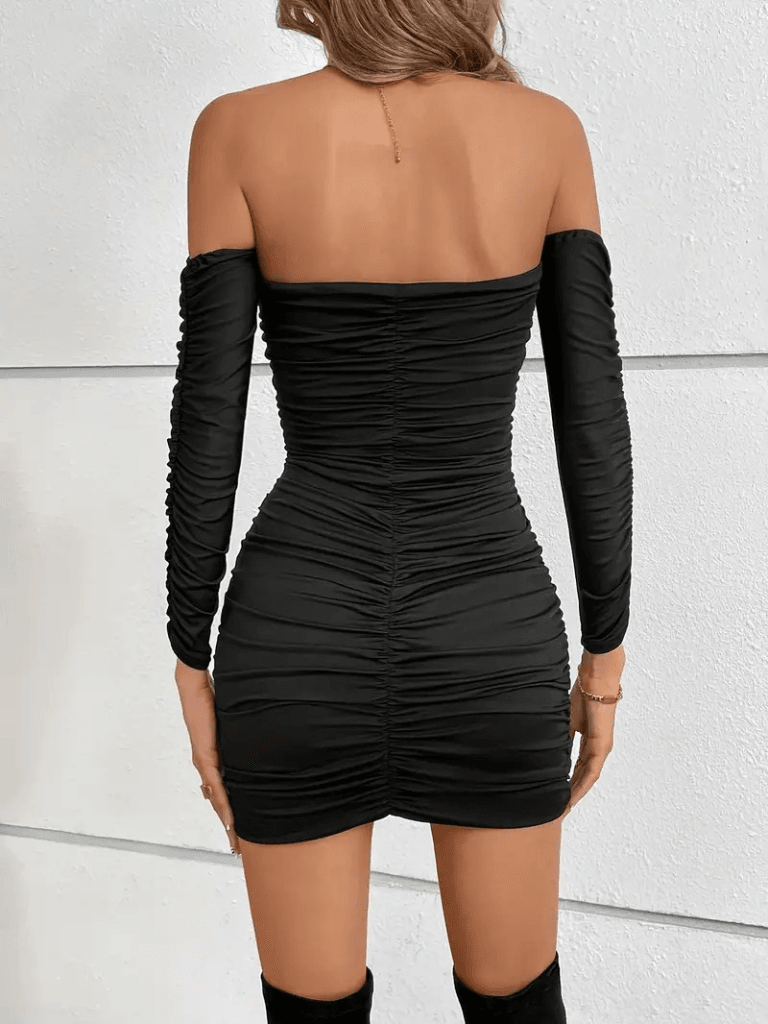 Women's Long Sleeve Off-Shoulder Ruched Black Mini Dress - Janes - by Peralane - photo 4