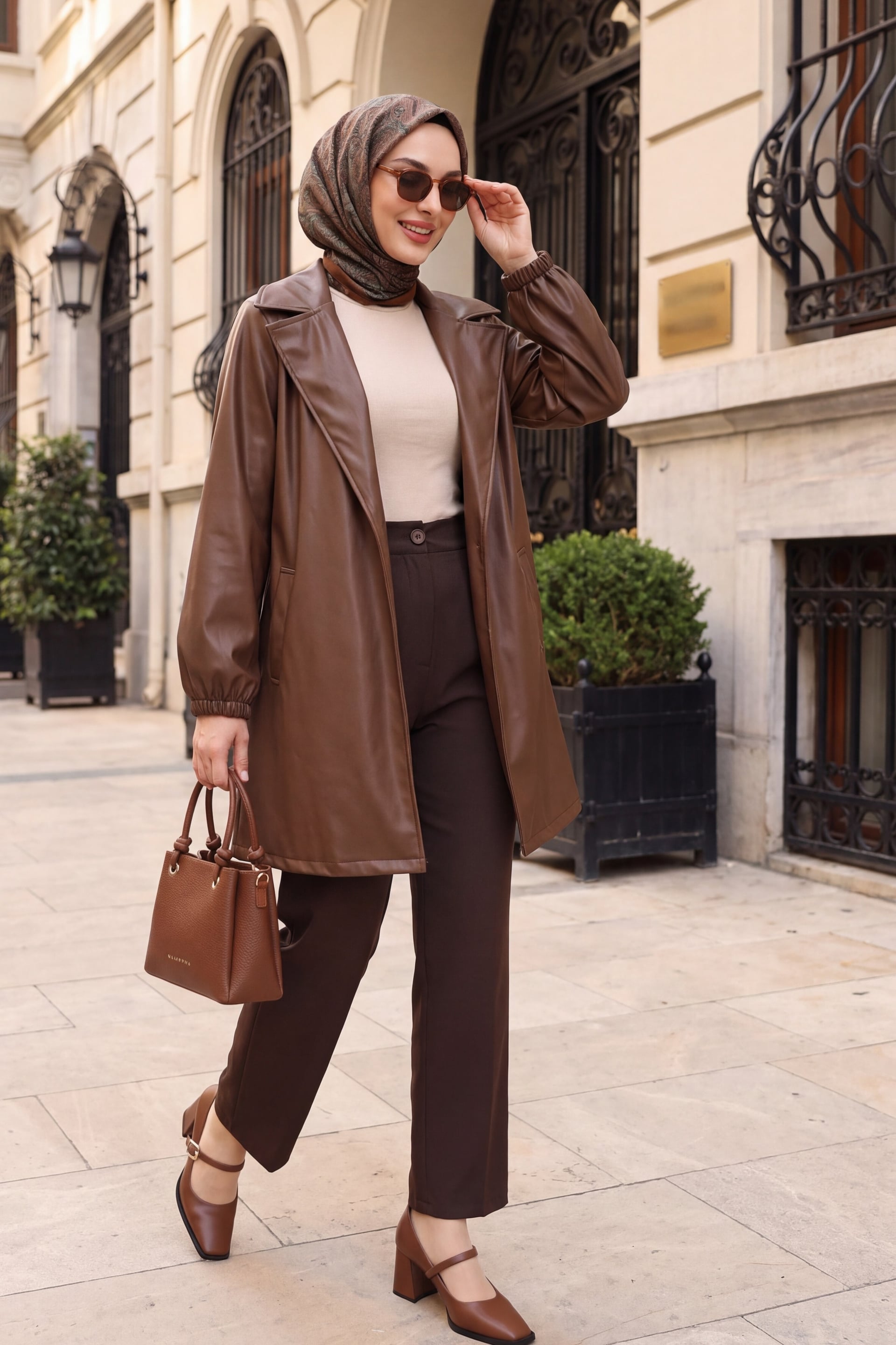 Brown Faux Leather Jacket with Tie Belt for Women - Size STD - Podyumplus - by Peralane - photo 4