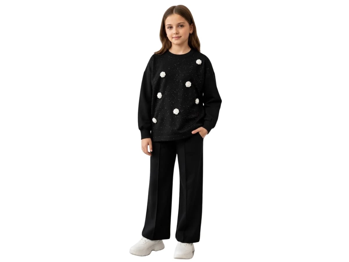 Girls' Two-Piece Set with Glitter Print and Floral Embroidery - Black - Incilay - by Peralane