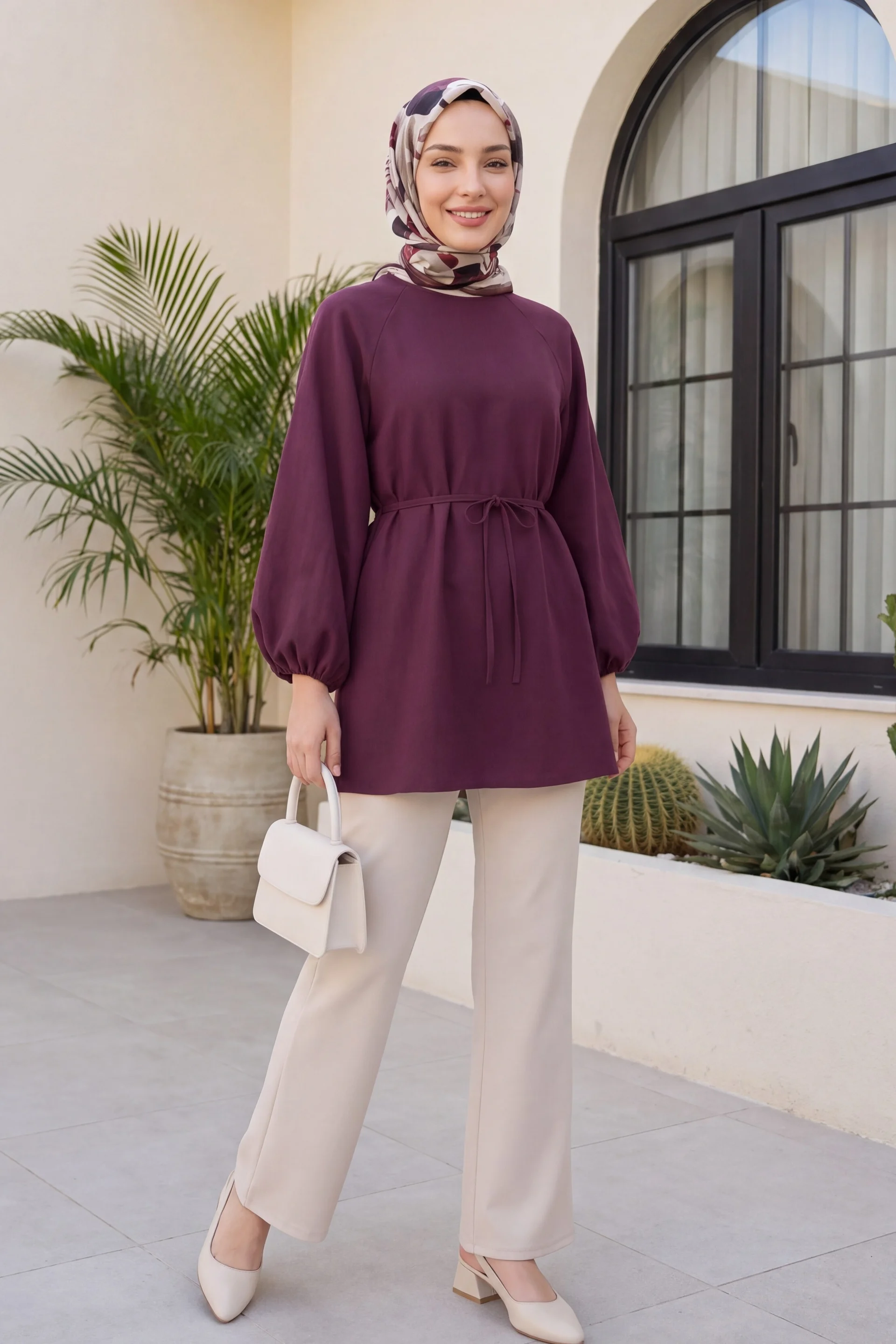 Round Neck Tie Waist Balloon Sleeve Tunic - Burgundy - Podyumplus - by Peralane - photo 2