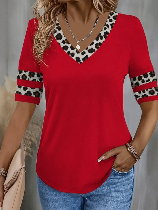 Women's Short-Sleeve V-Neck Leopard Print Viscose Blouse - Janes - by Peralane