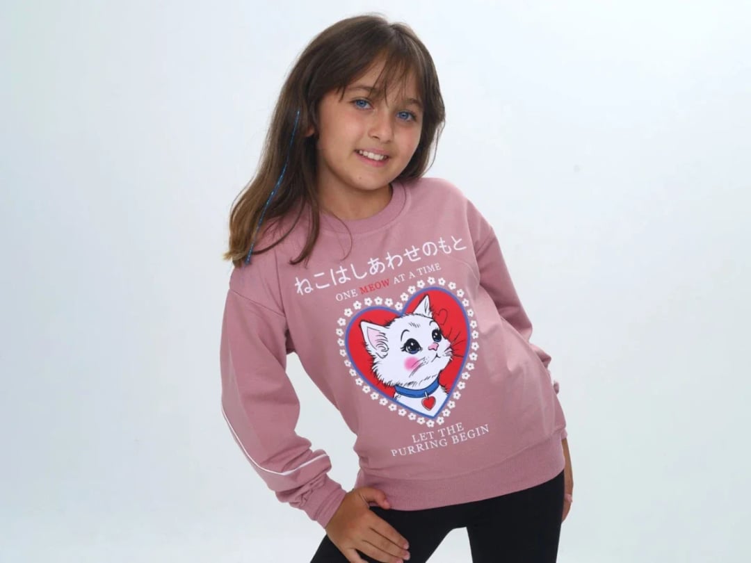 Girls' Cat Print Sweatshirt - Dusty Pink - Vizviz - by Peralane