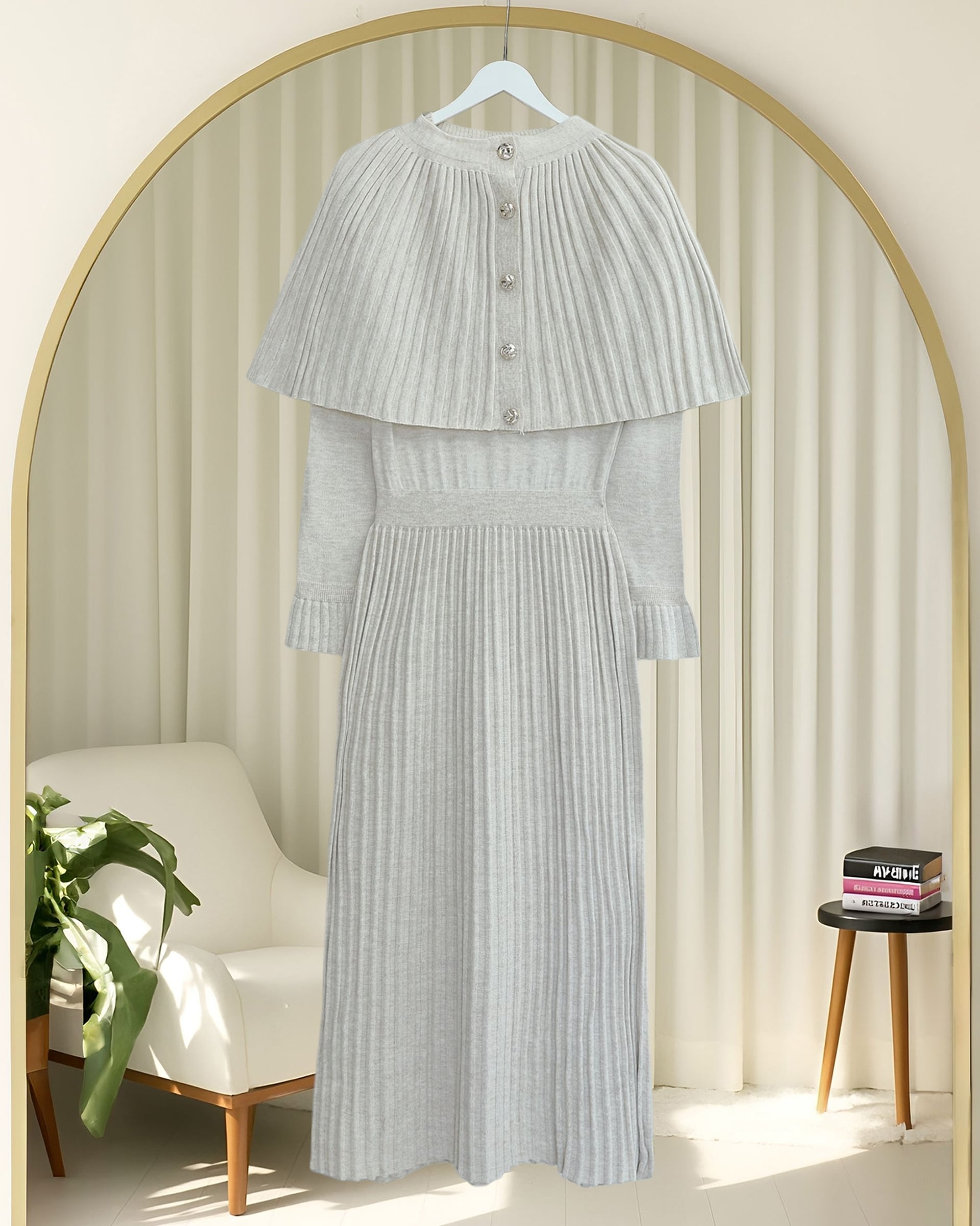 Ribbed Knit Long Dress with Capelet Detail - Stone - Podyumplus - by Peralane - photo 5