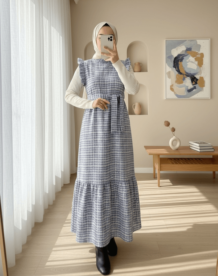 Women's Sleeveless Plaid Tweed Midi Dress with Belt and Ruffled Straps - Podyumplus - by Peralane - photo 2