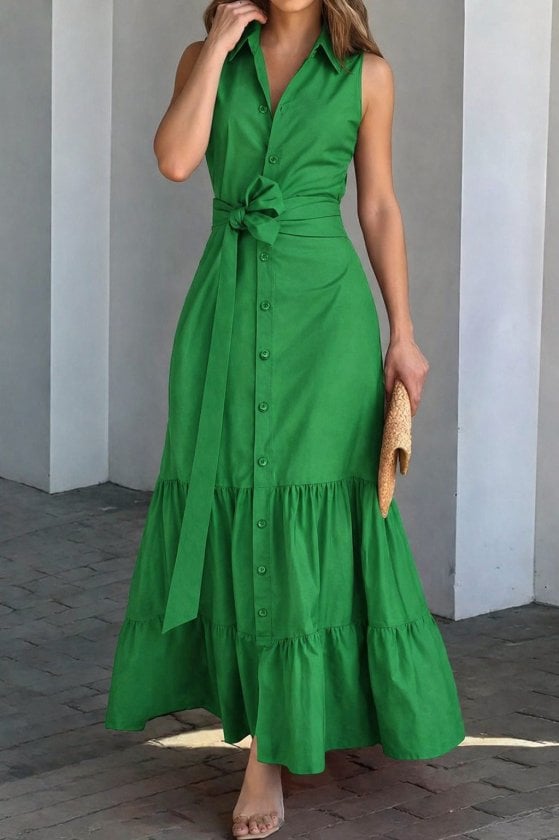Women's Sleeveless Collared Button-Front Maxi Dress with Tie Waist - Janes - by Peralane
