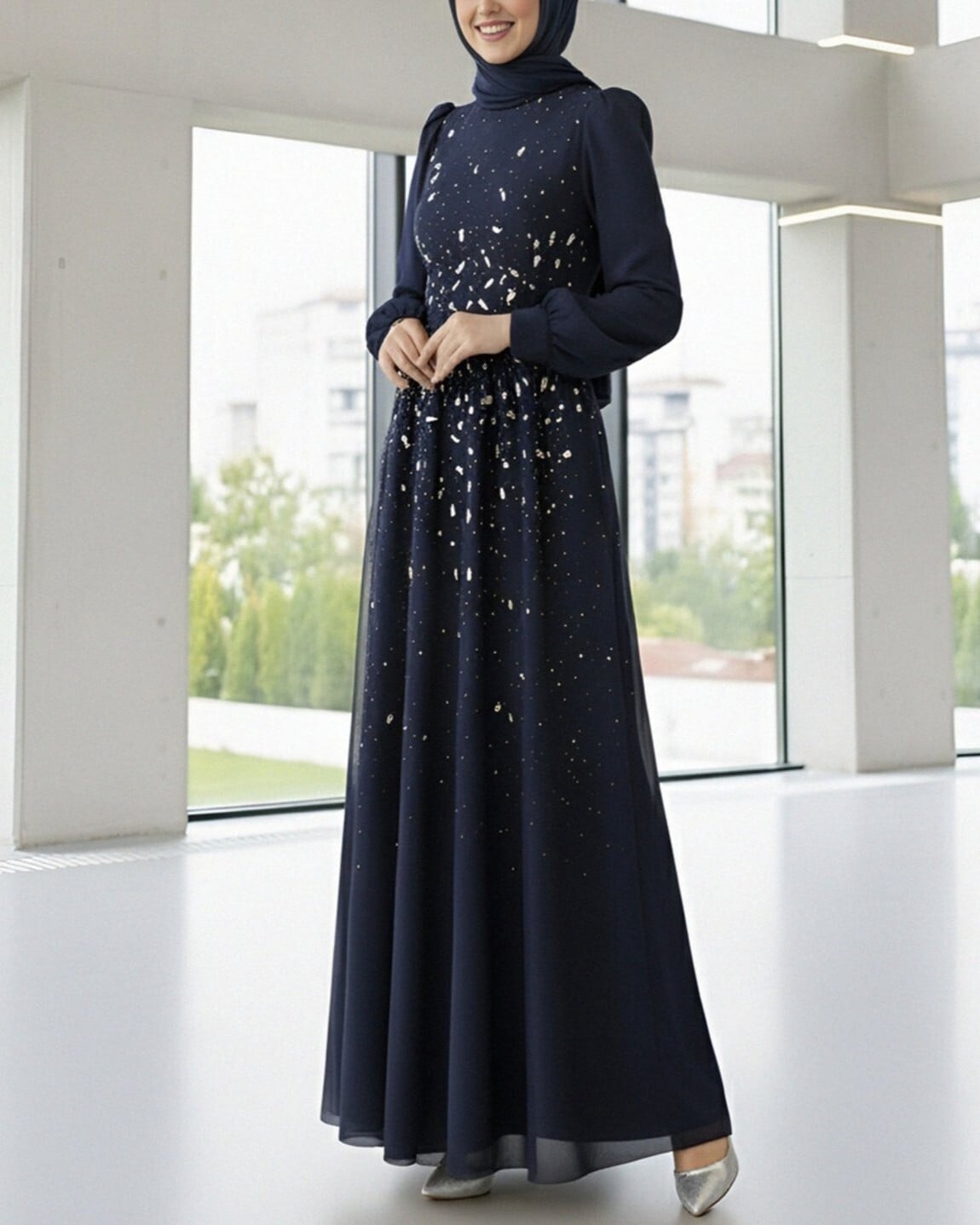 Navy Blue Stone Detail Tulle Evening Dress with High Neck - Podyumplus - by Peralane - photo 3