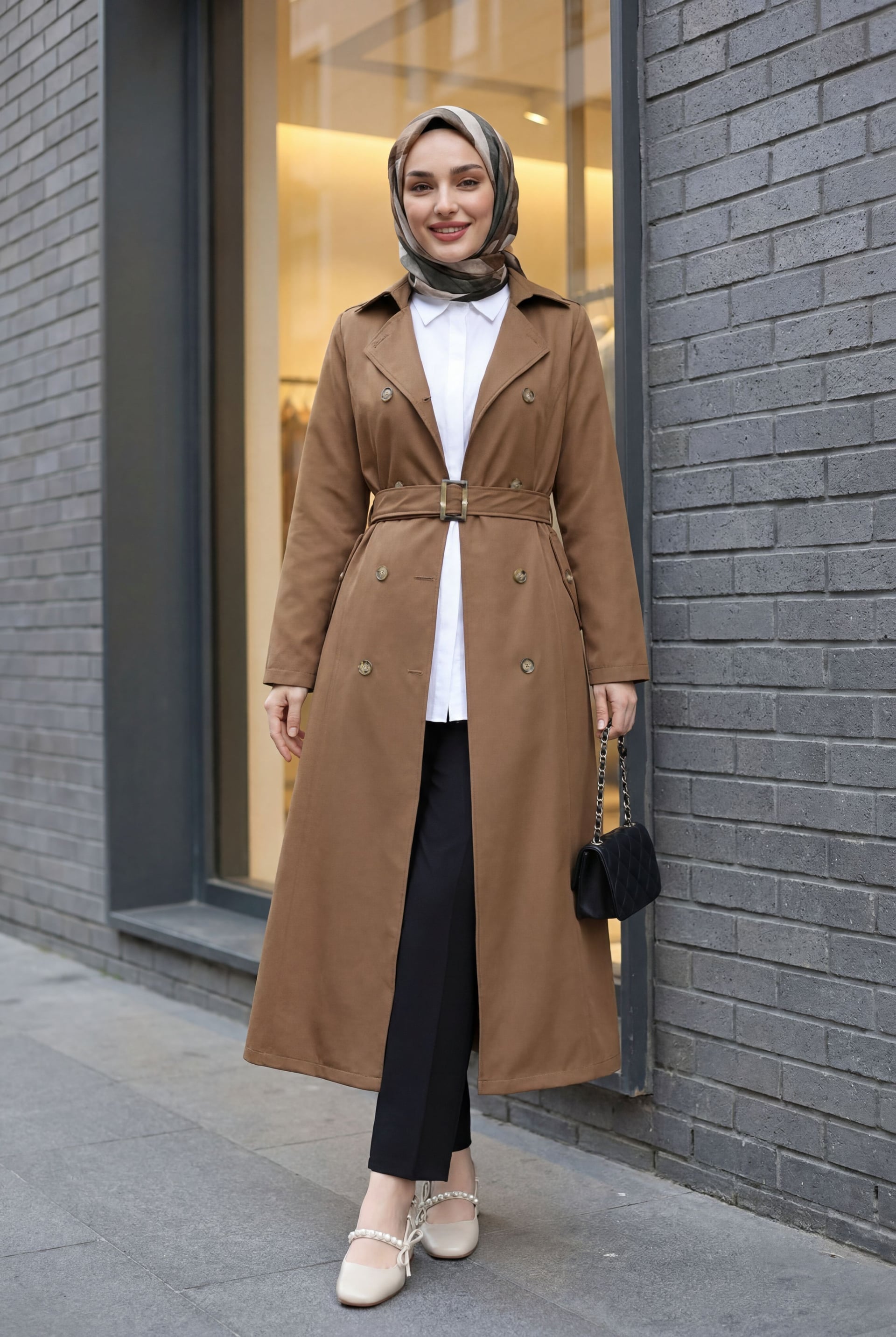 Women's Double-Breasted Belted Trench Coat in Brown - Podyumplus - by Peralane