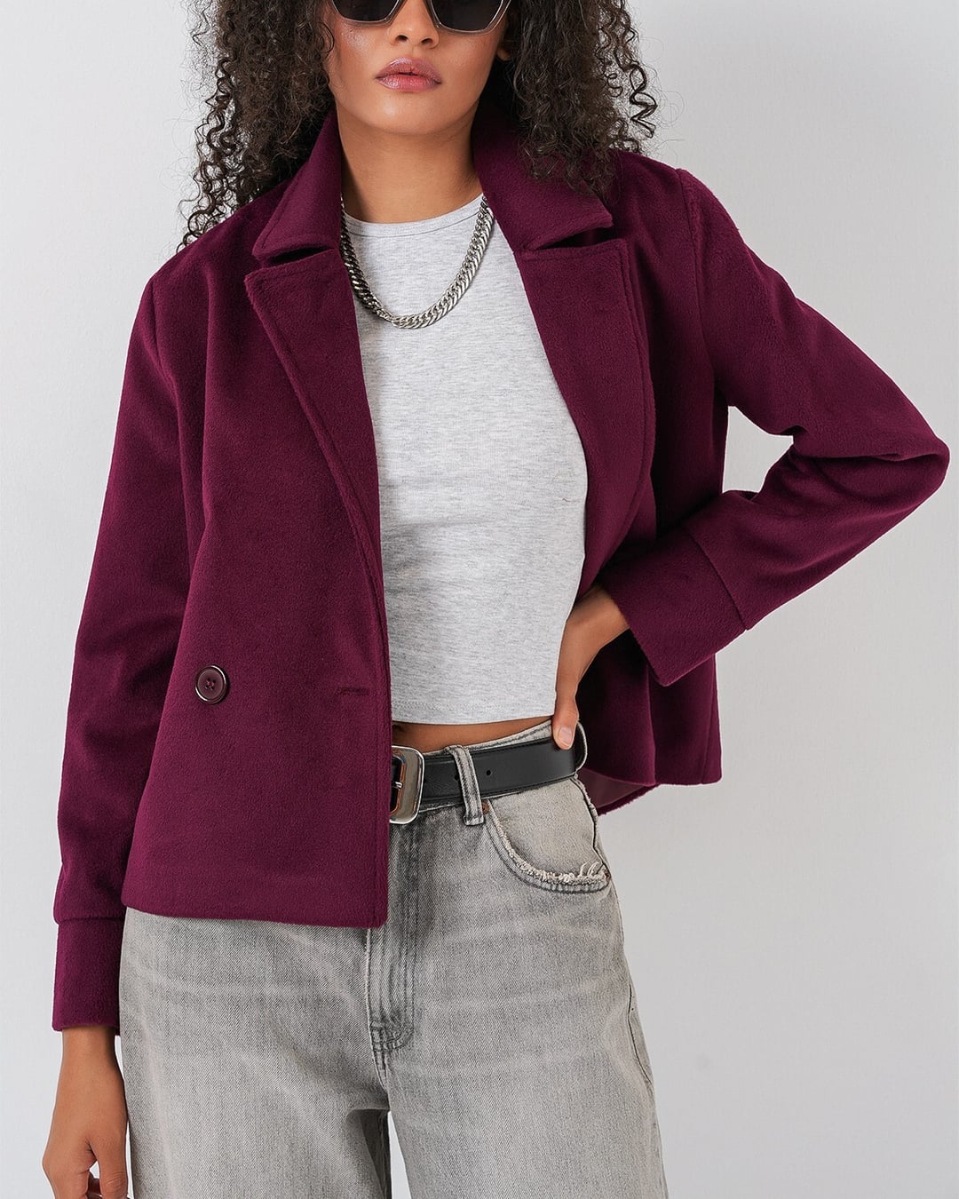 Women's Short Wool-Blend Double-Breasted Jacket - Plum - Bigdart - by Peralane - photo 7