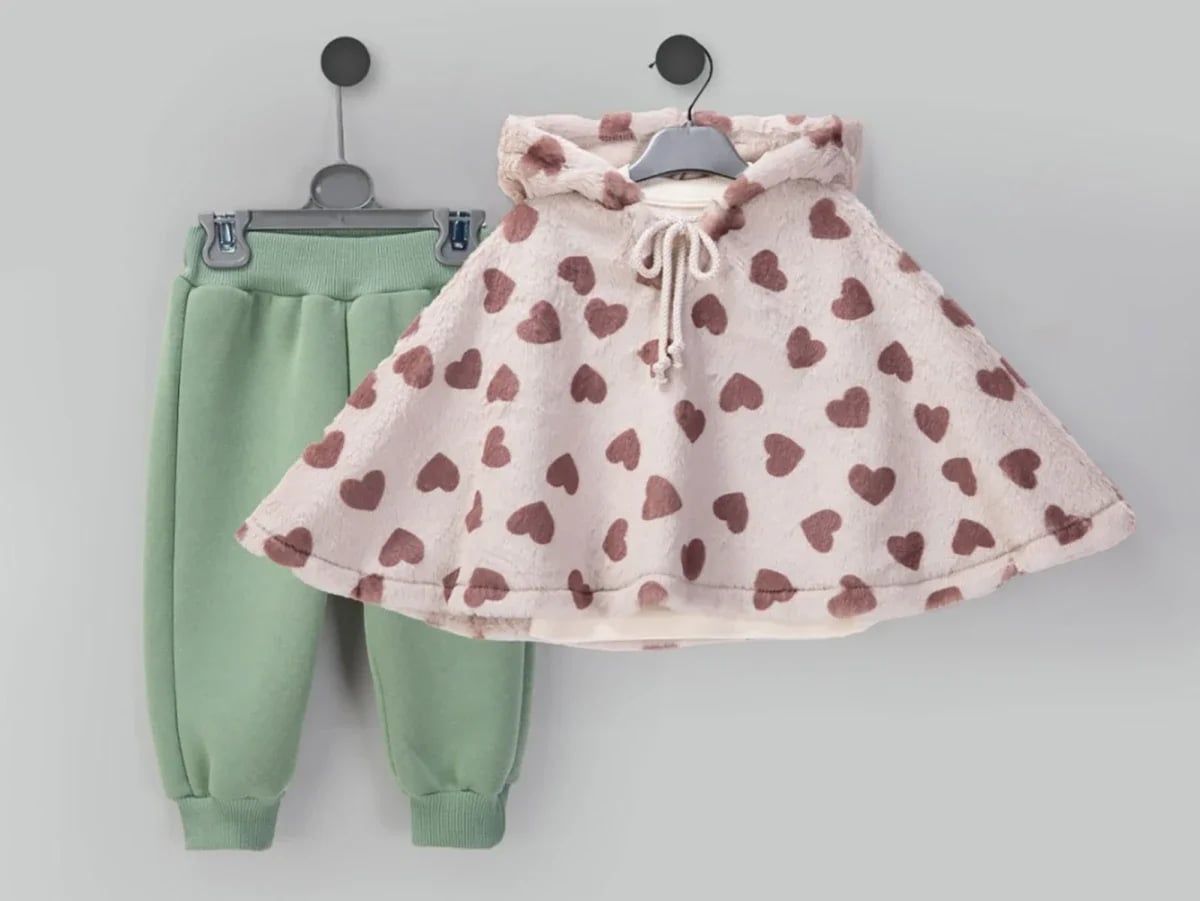 Heart Print Hooded Cape and Trousers Baby Girl Set - Beyaz Bebek - by Peralane