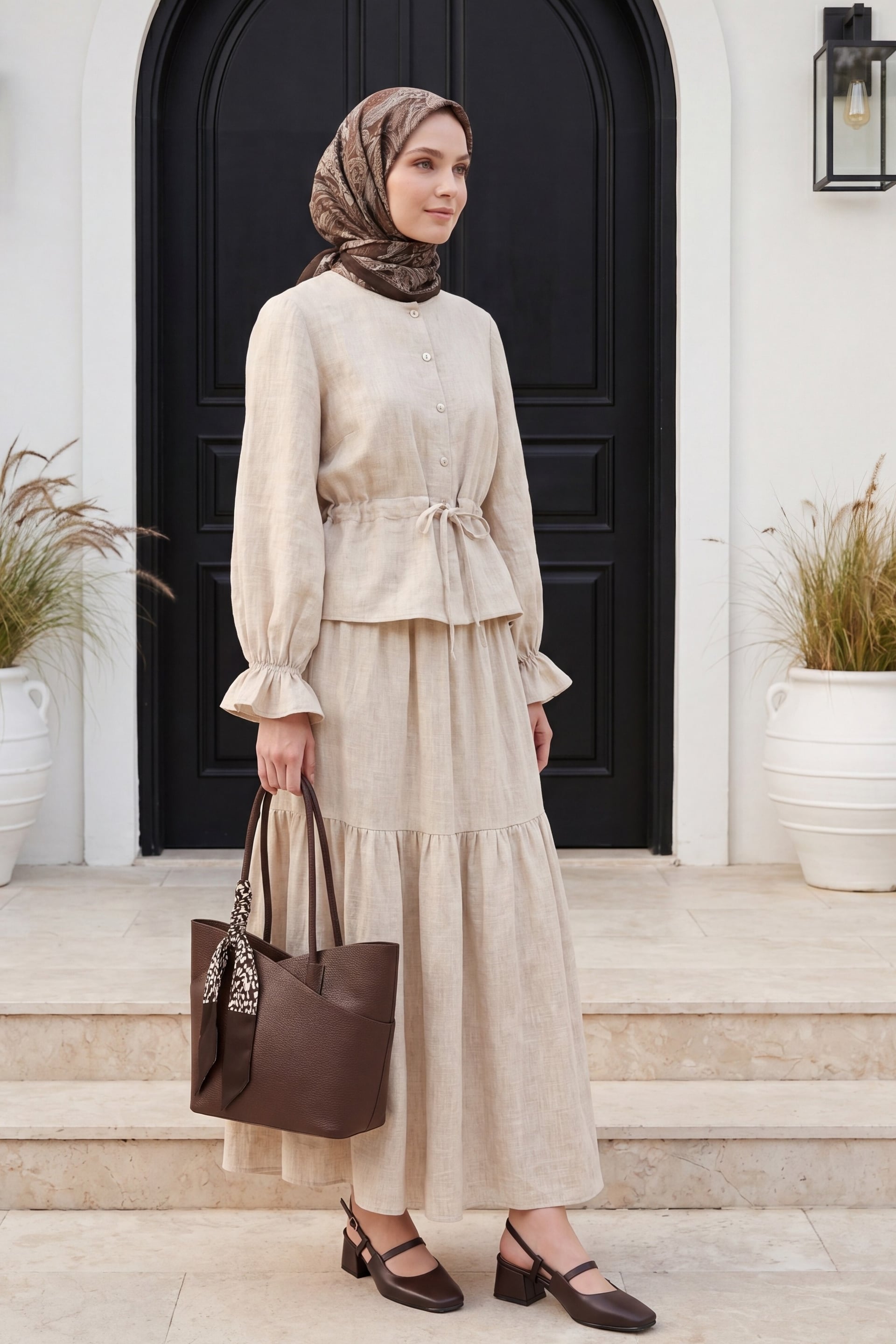 Beige Linen Look Button-Front Peplum Top and Tiered Maxi Skirt Co-ord Set - Podyumplus - by Peralane - photo 4