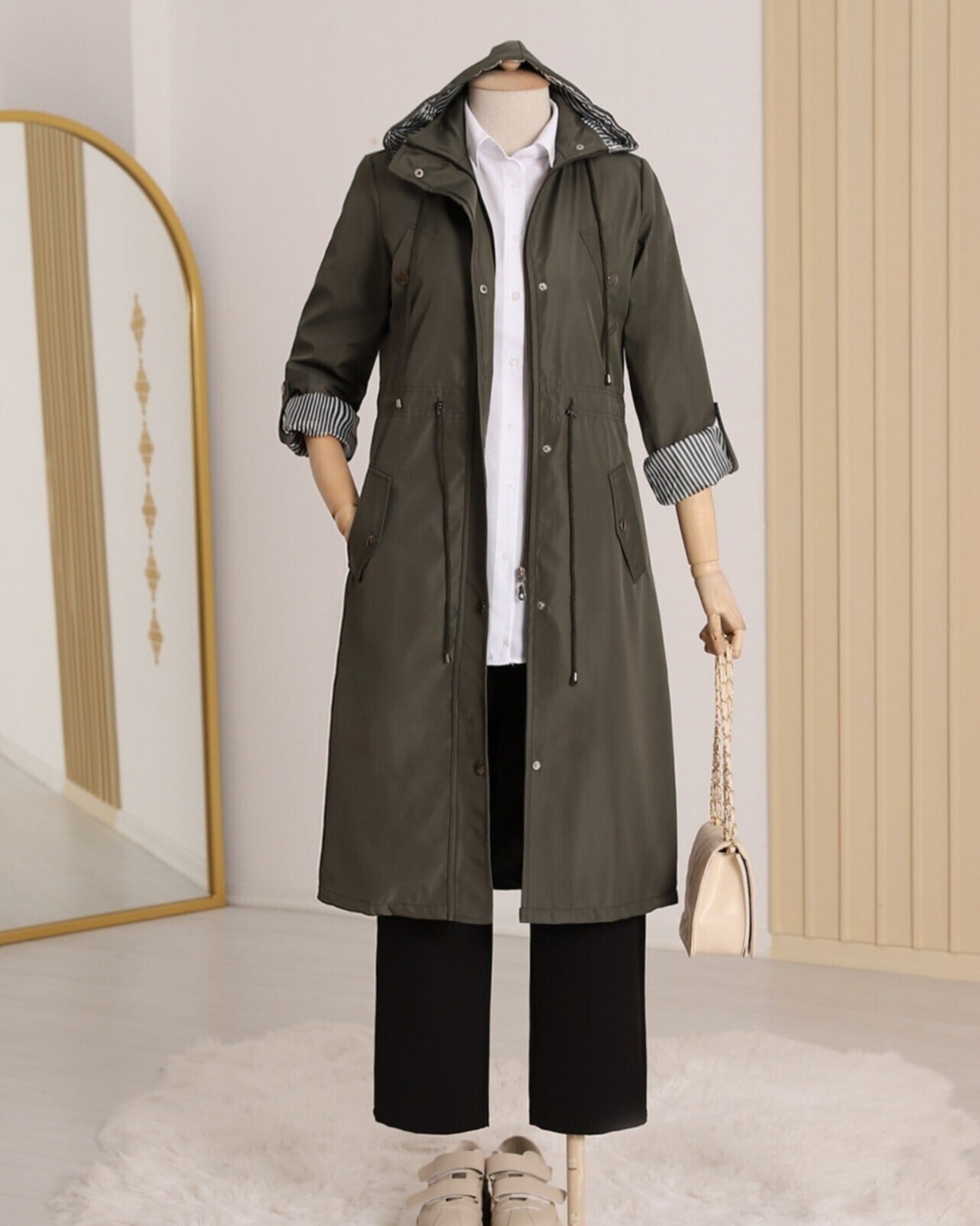 Striped Lined Trench Coat - Khaki - Podyumplus - by Peralane - photo 8
