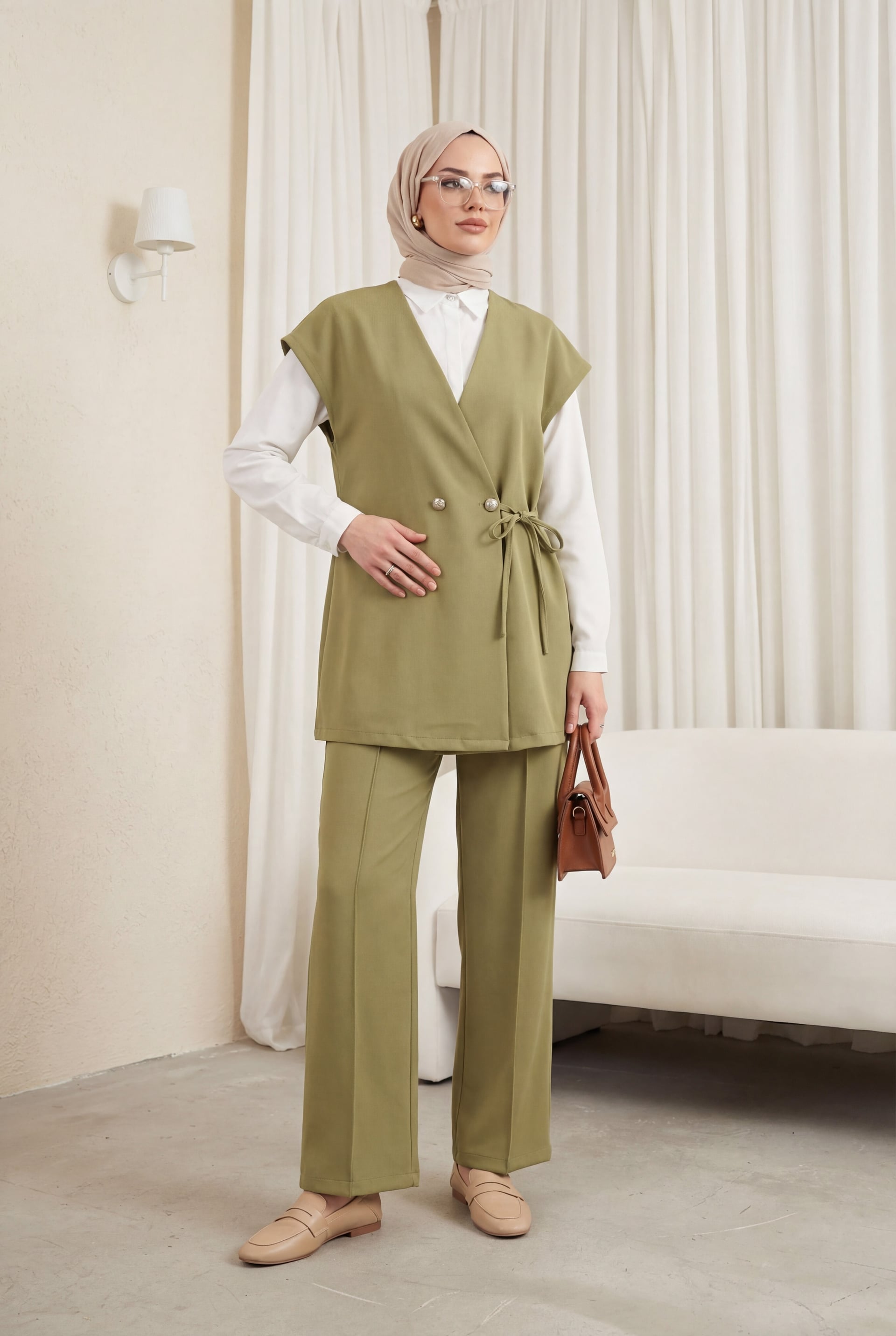 Button Detail Double-Breasted Tie-Front Vest and Wide-Leg Trouser Co-ord Set in Khaki - Podyumplus - by Peralane - photo 3
