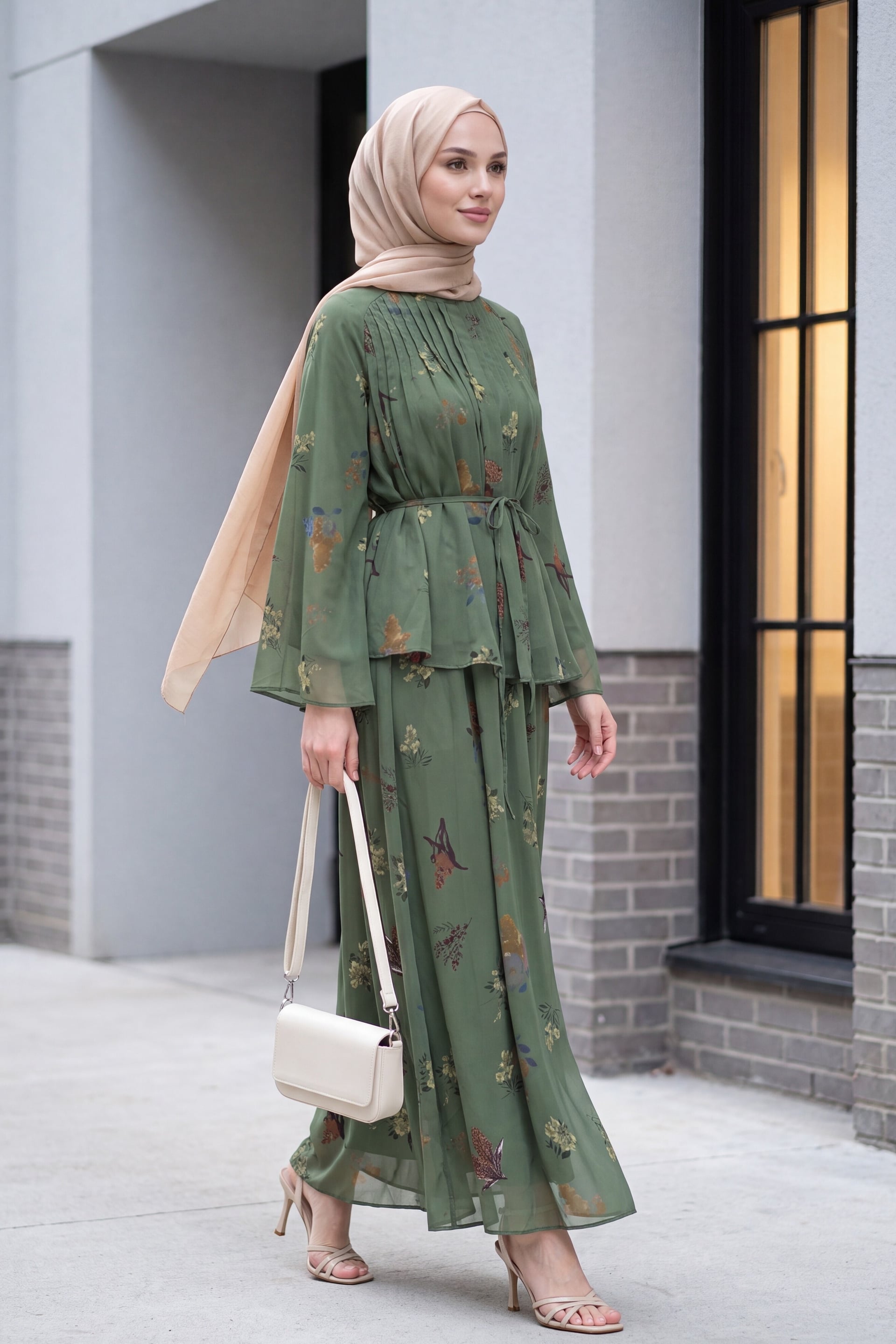 Women's Floral Print Chiffon Co-ord Set with Long Skirt - Olive Green - Podyumplus - by Peralane - photo 6