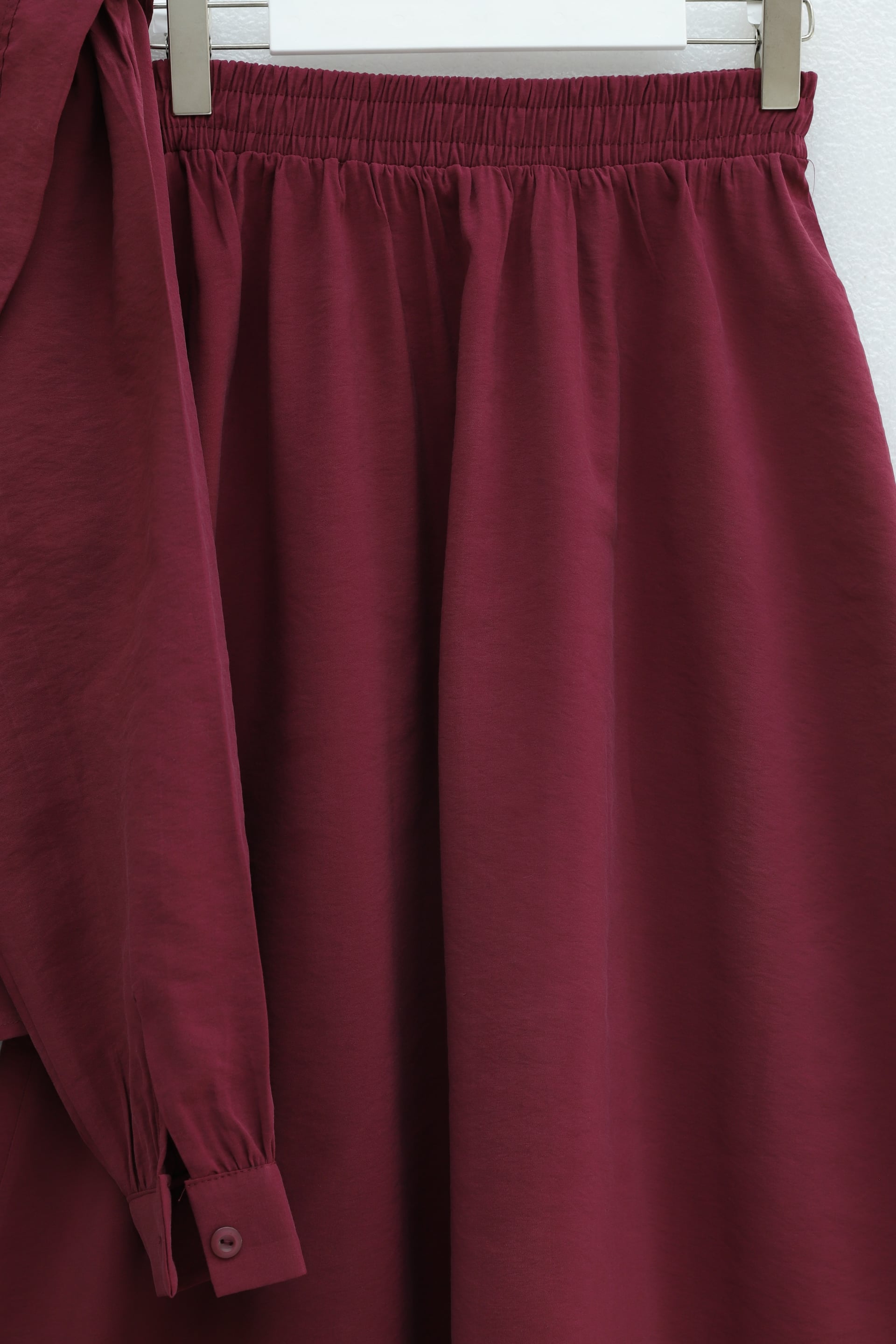 Shoulder-Padded Belted Modal Two-Piece Set with Elastic Waist Skirt - Burgundy - Podyumplus - by Peralane - photo 4