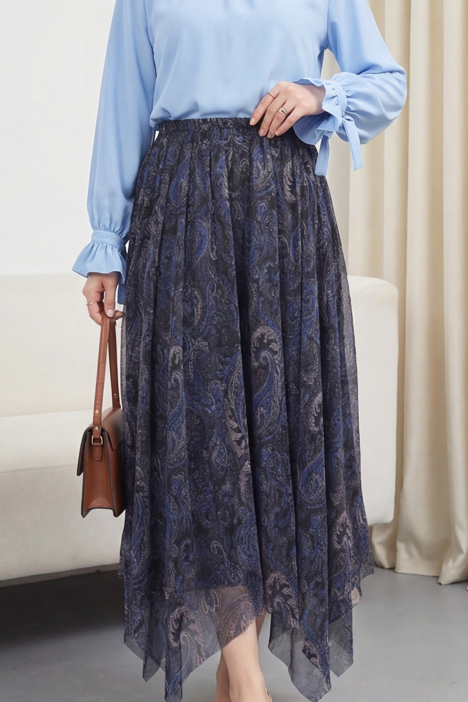 Elasticated Waist Patterned Lined Chiffon Midi Skirt - Dark Blue - Podyumplus - by Peralane - photo 3