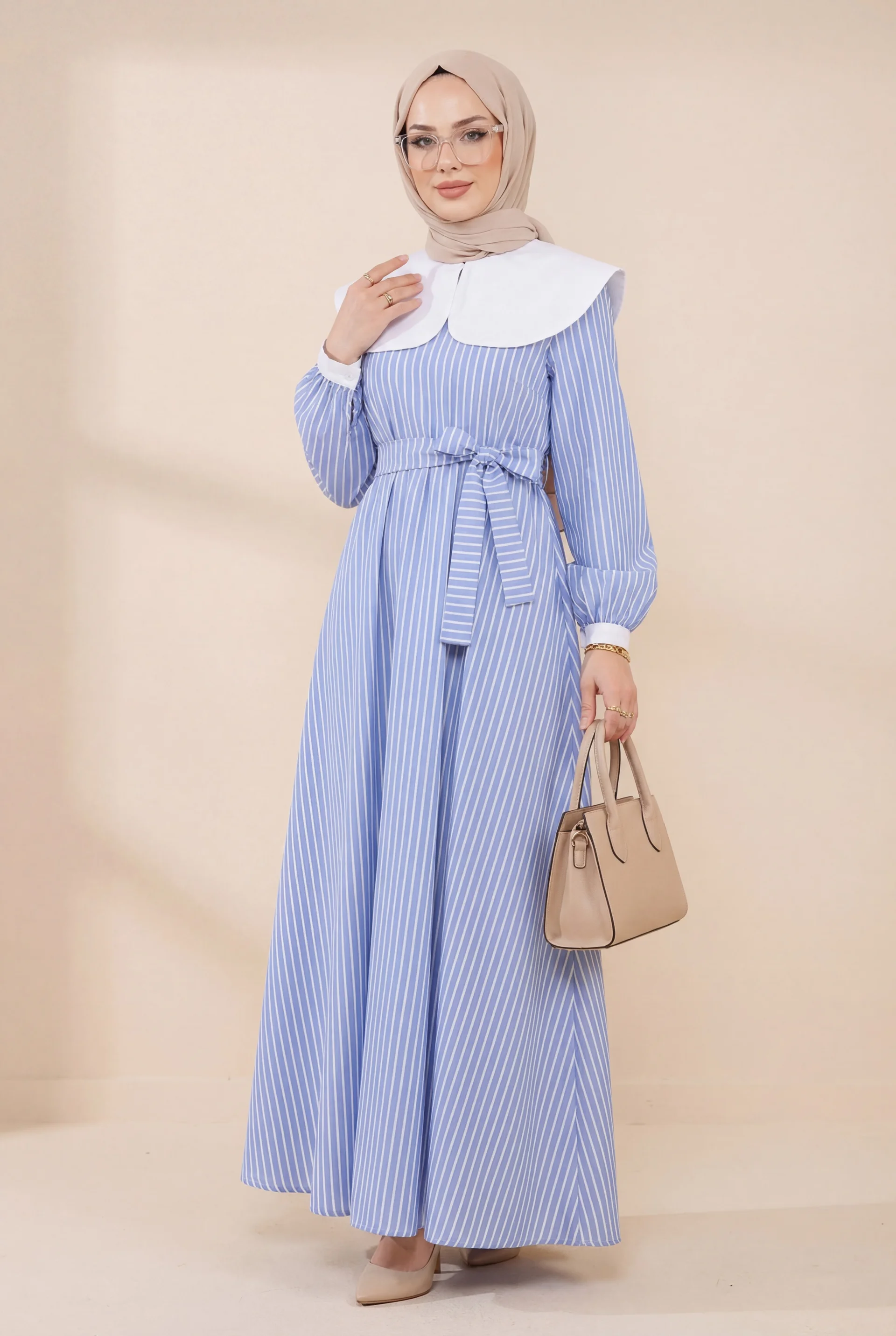 Blue Striped Peter Pan Collar Long Dress with Tie Belt - Podyumplus - by Peralane