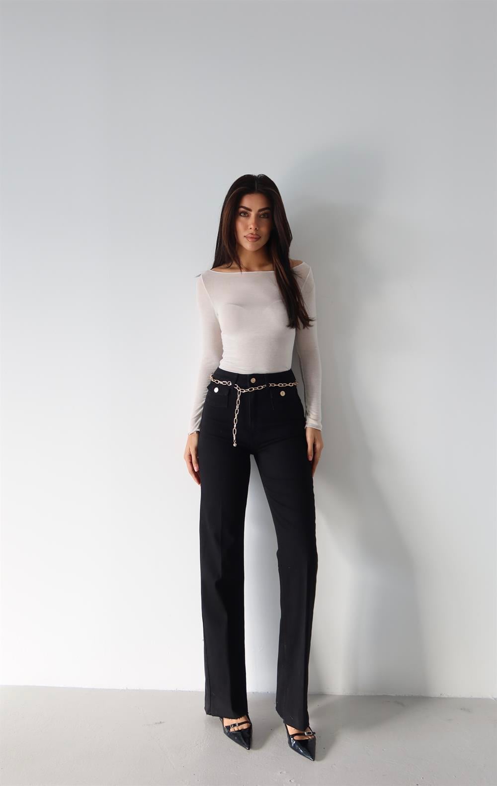 High Waist Belt Chain Detail Black Jeans - Lacarino Jeans - by Peralane - photo 3