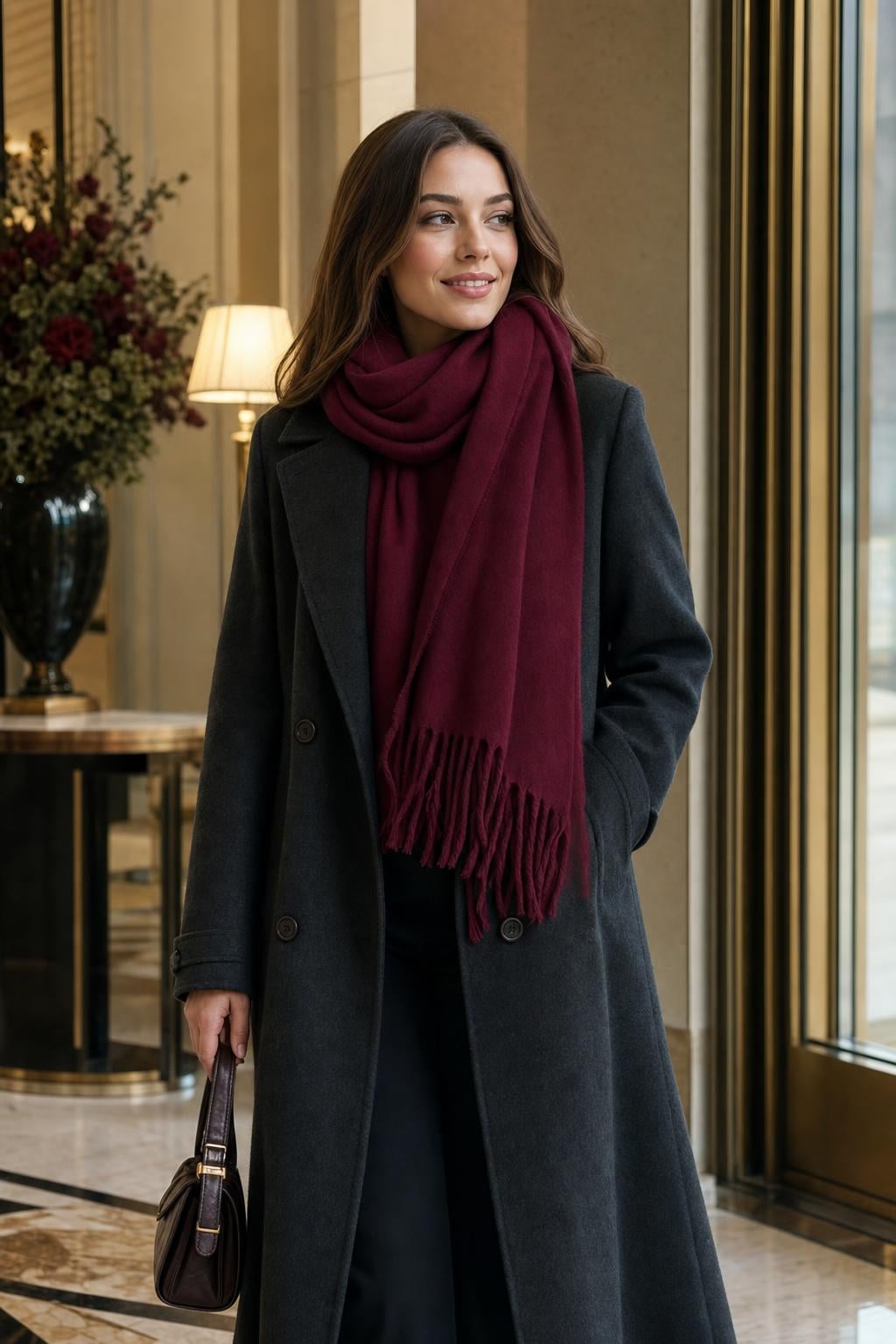 Burgundy Fringed Soft Puff Scarf for Women - Nesvay - by Peralane - photo 3