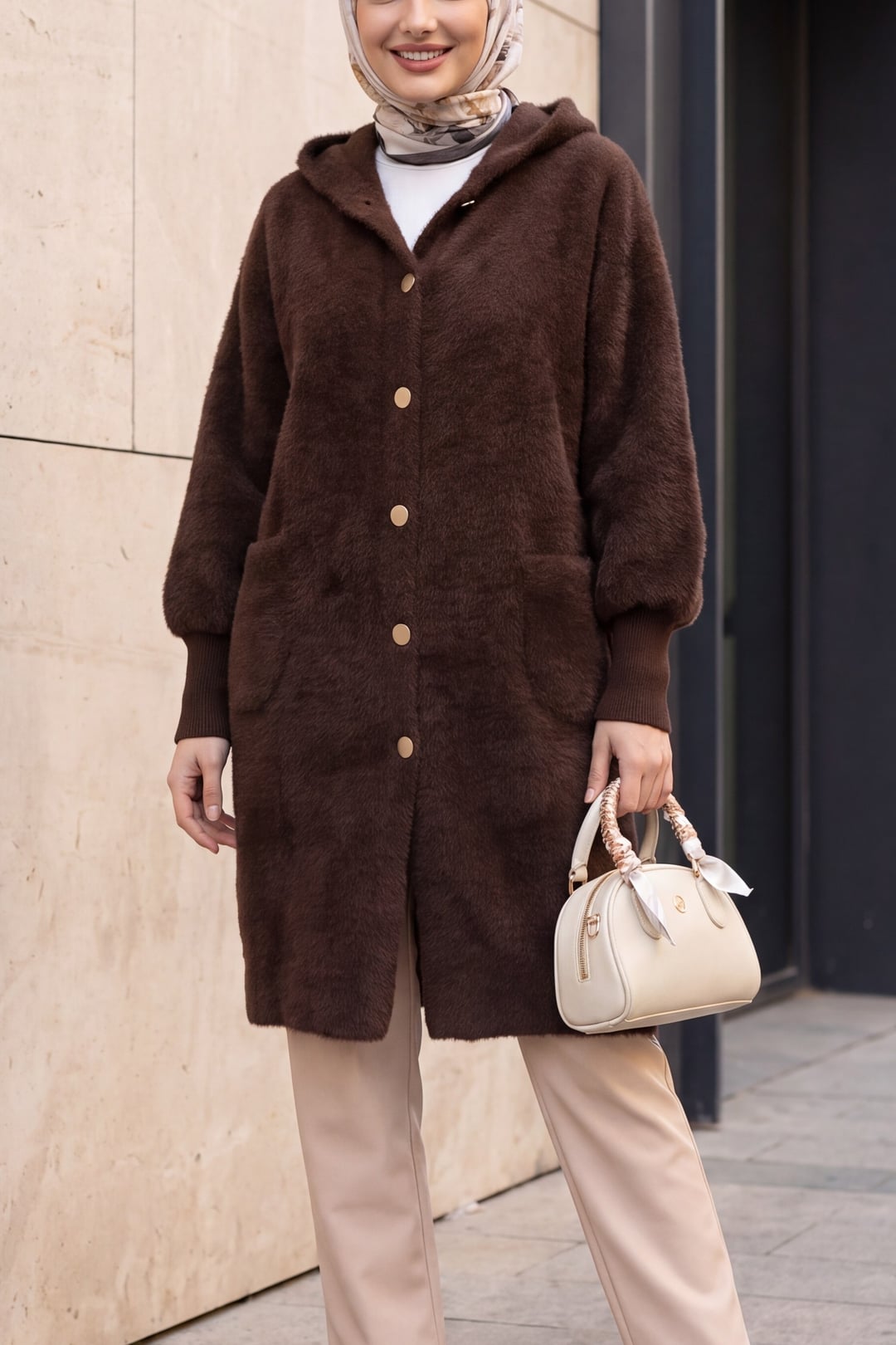 Hooded Double-Pocket Button-Front Fringed Cardigan - Dark Brown - Podyumplus - by Peralane