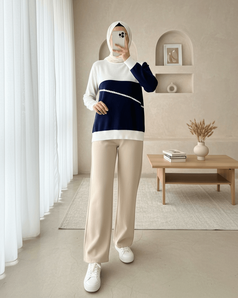 Color-Block Crew Neck Knit Sweater - Navy Blue - Podyumplus - by Peralane - photo 2