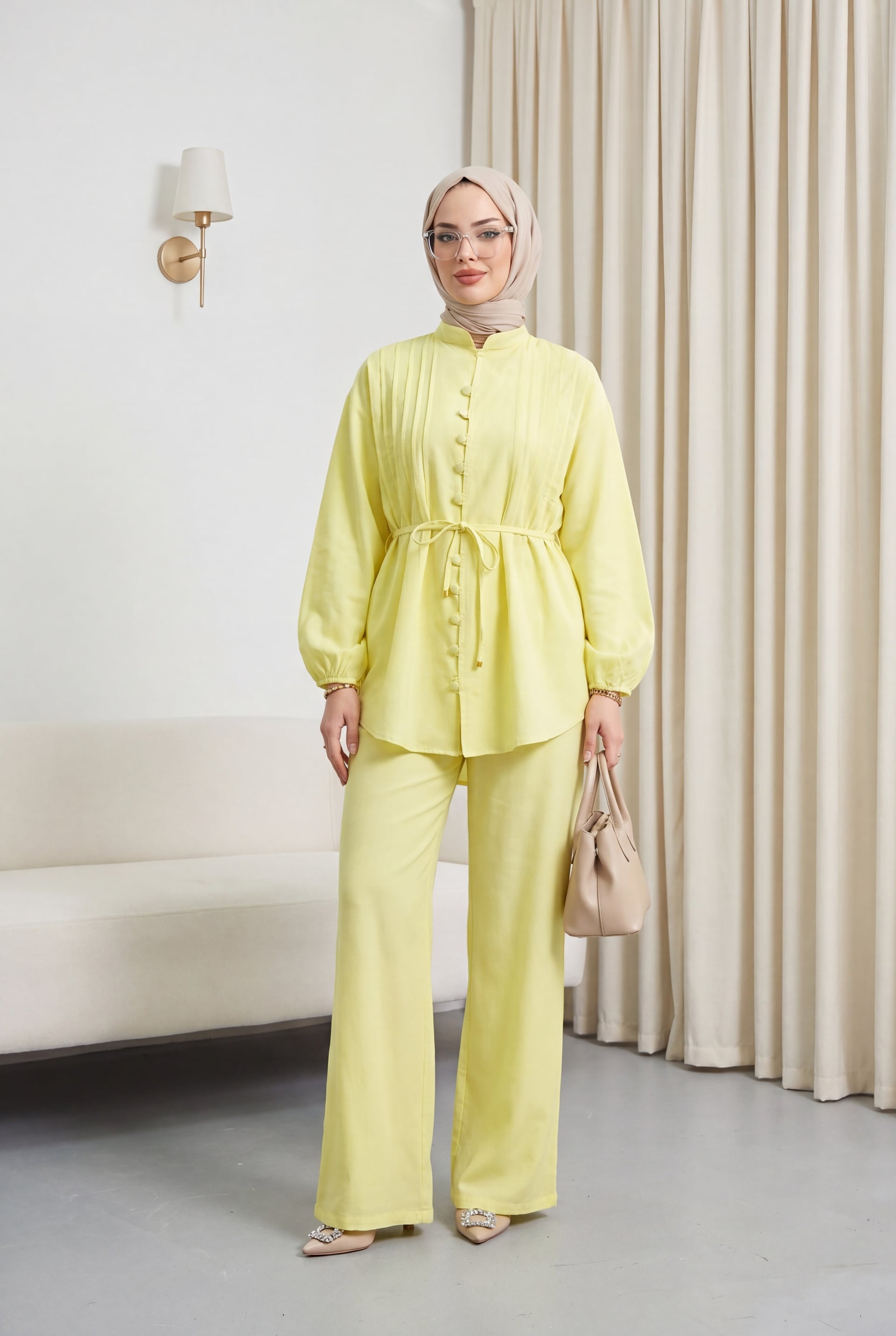 Tie-Sleeve Button V-Neck Tunic and Wide-Leg Trousers Set - Yellow - Podyumplus - by Peralane