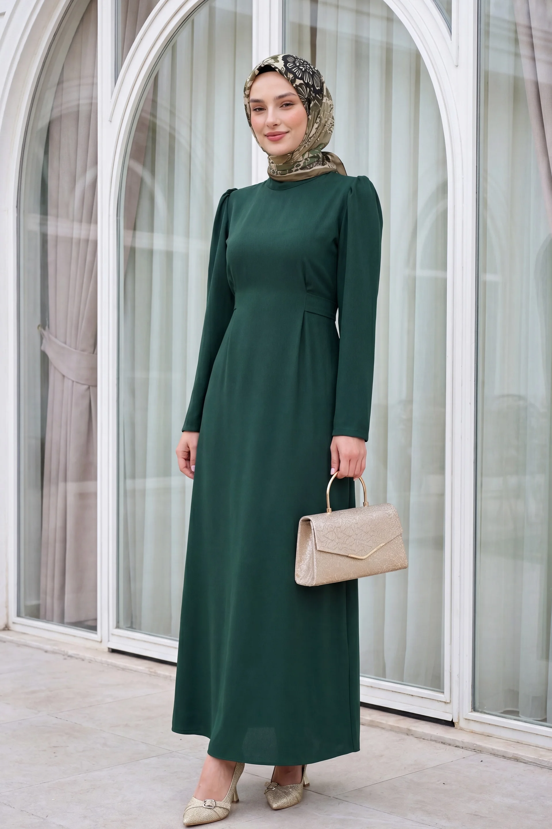 Emerald Green Wrap-Waist Dress with Mandarin Collar - Podyumplus - by Peralane - photo 2