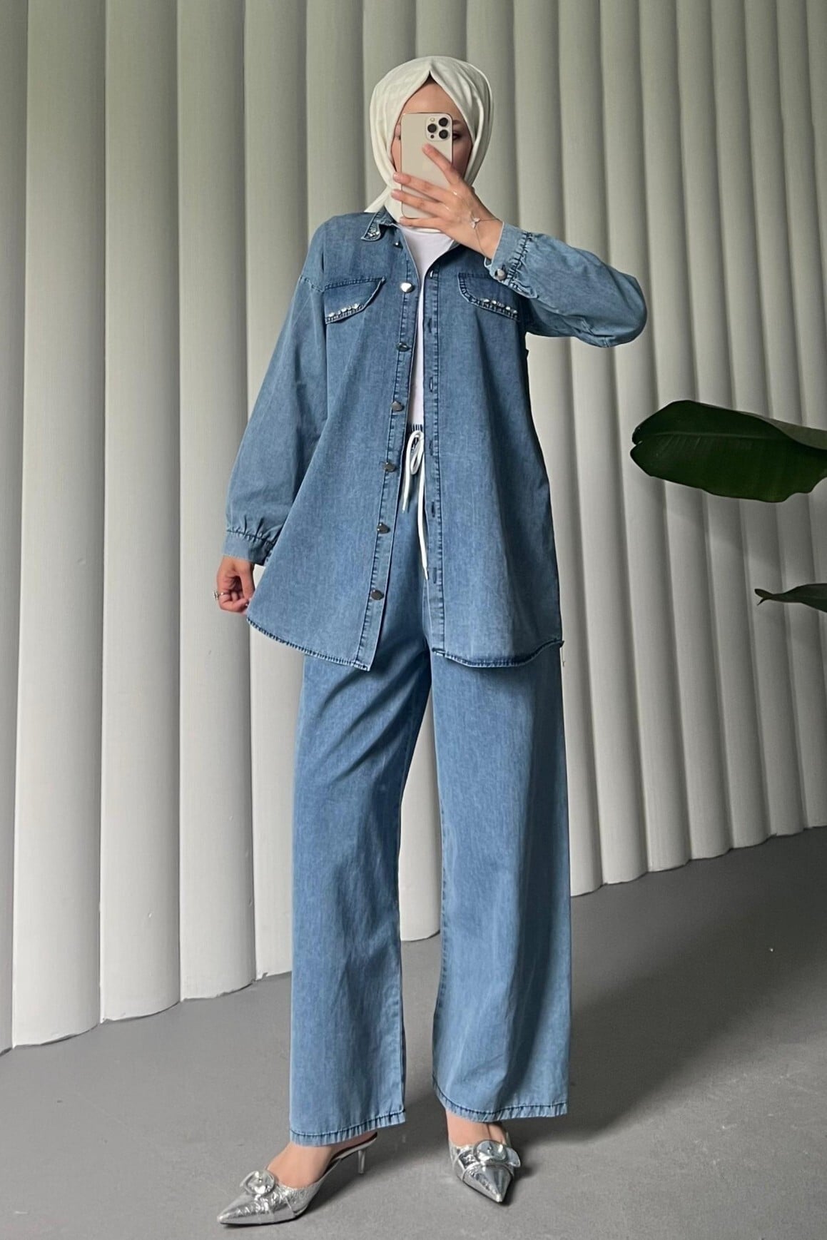 Buttoned Pocket Detail Wide-Leg Trousers Denim Co-ord Set - Blue - Podyumplus - by Peralane - photo 3