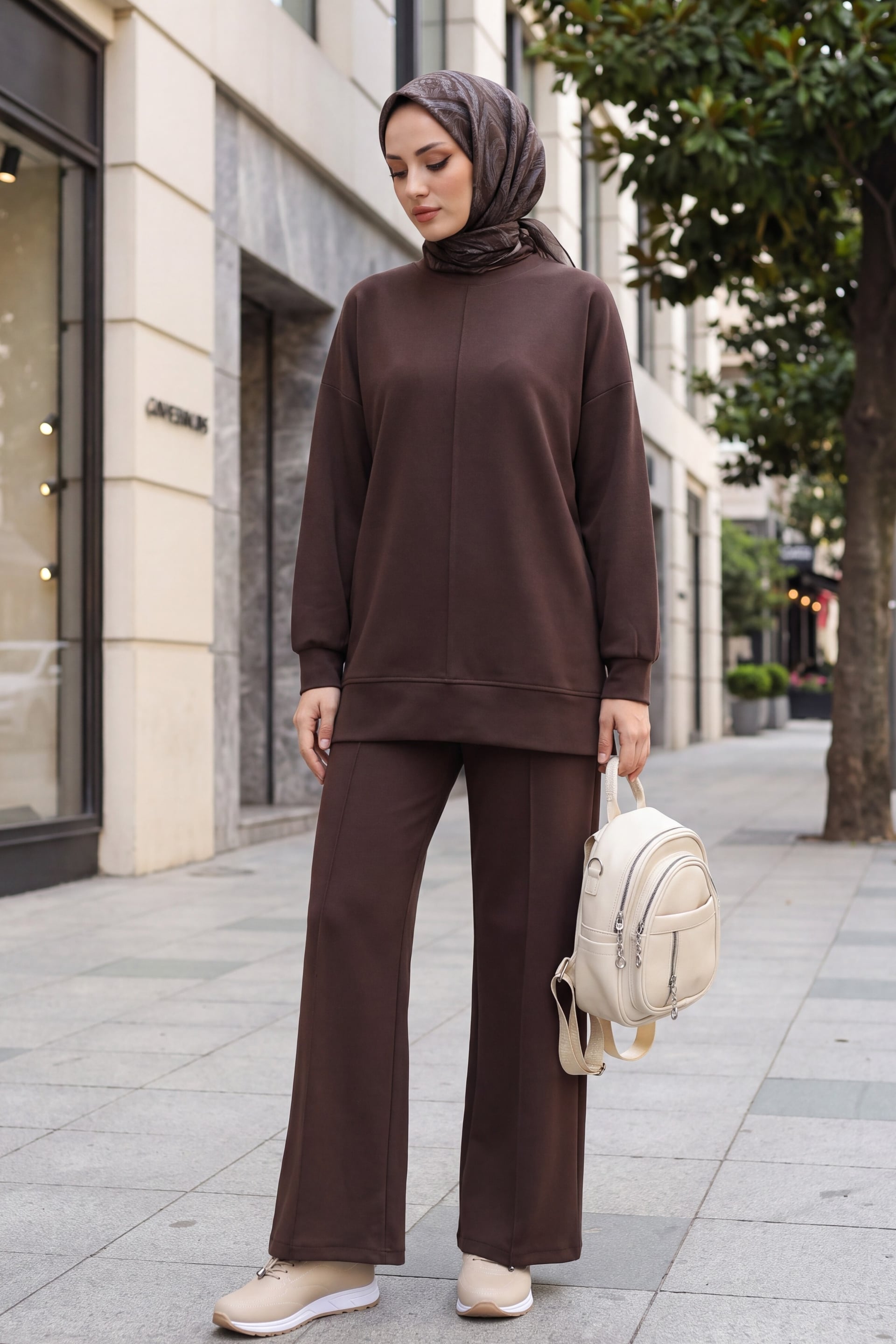 Side Slit Drawstring Two-Piece Sweatshirt and Wide-Leg Trousers Set - Dark Brown - Podyumplus - by Peralane - photo 3