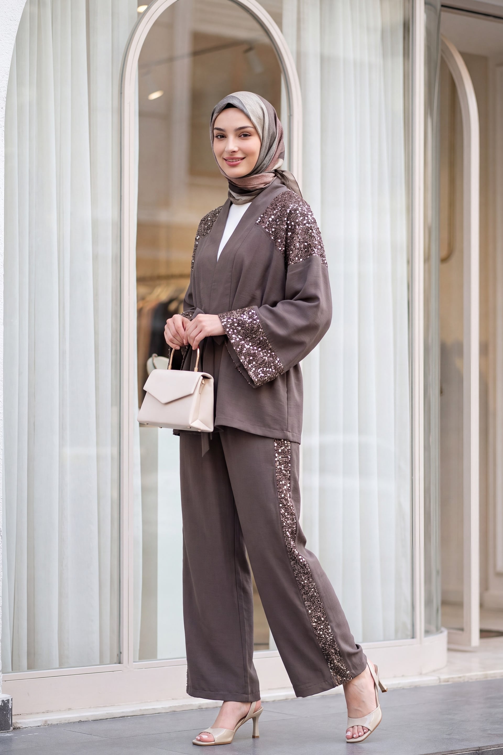 Sequin Embellished Belted Kimono Set with Wide-Leg Trousers - Earth - Podyumplus - by Peralane - photo 4