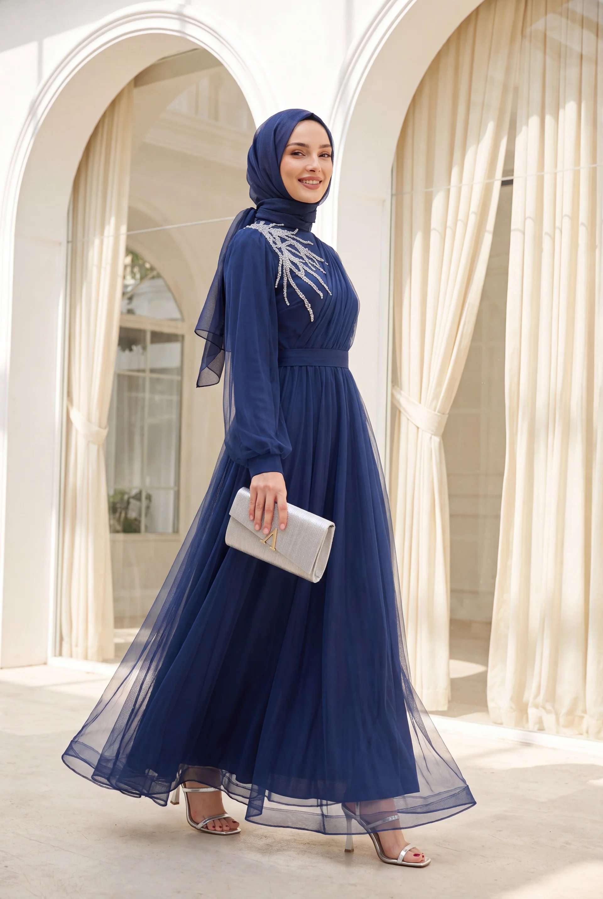 Navy Blue Stone Detailed Draped Belted Tulle Evening Dress - Podyumplus - by Peralane - photo 4