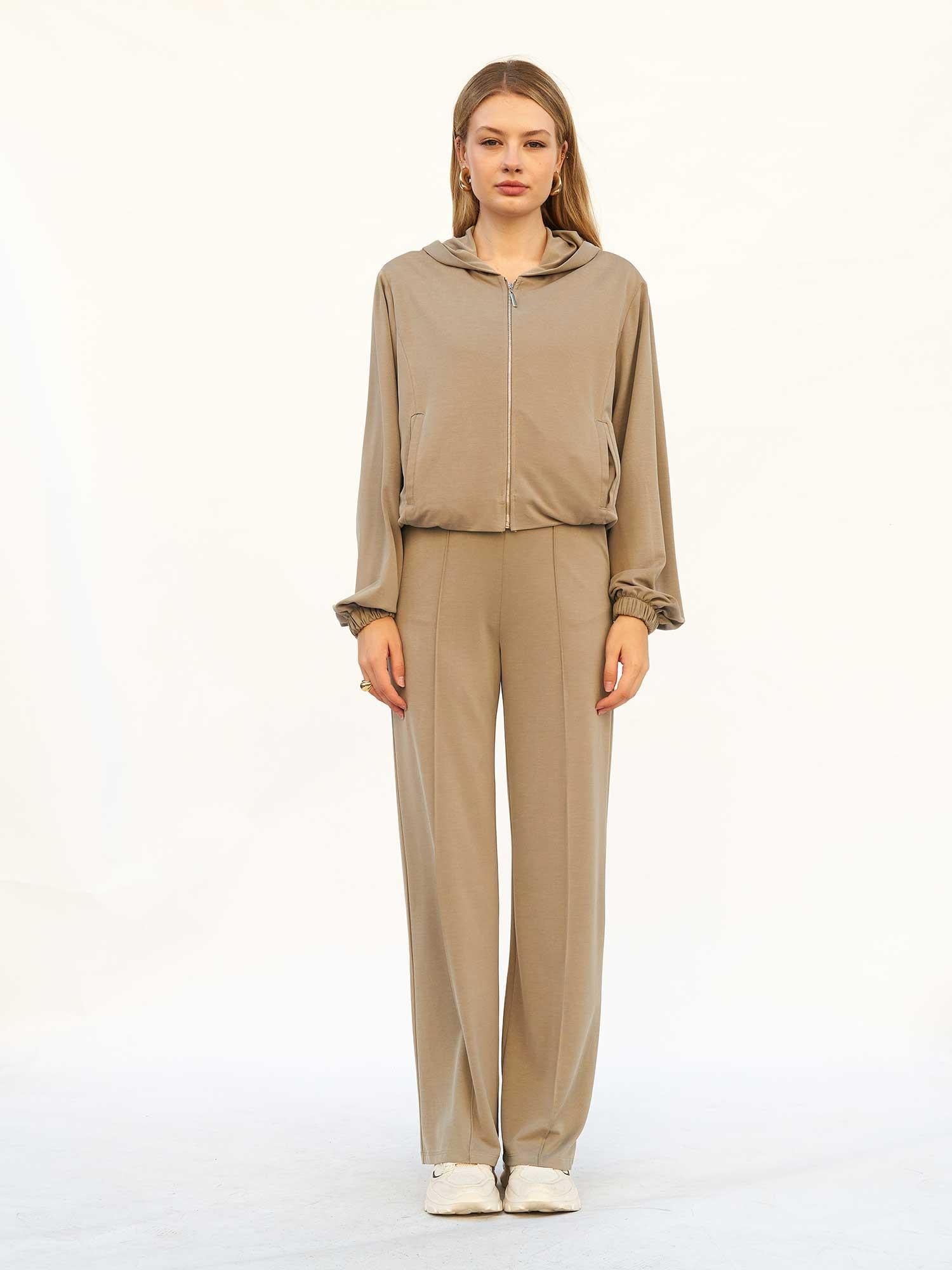 Women's Hooded Knit Bomber Set with Wide-Leg Trousers - Lefon - by Peralane