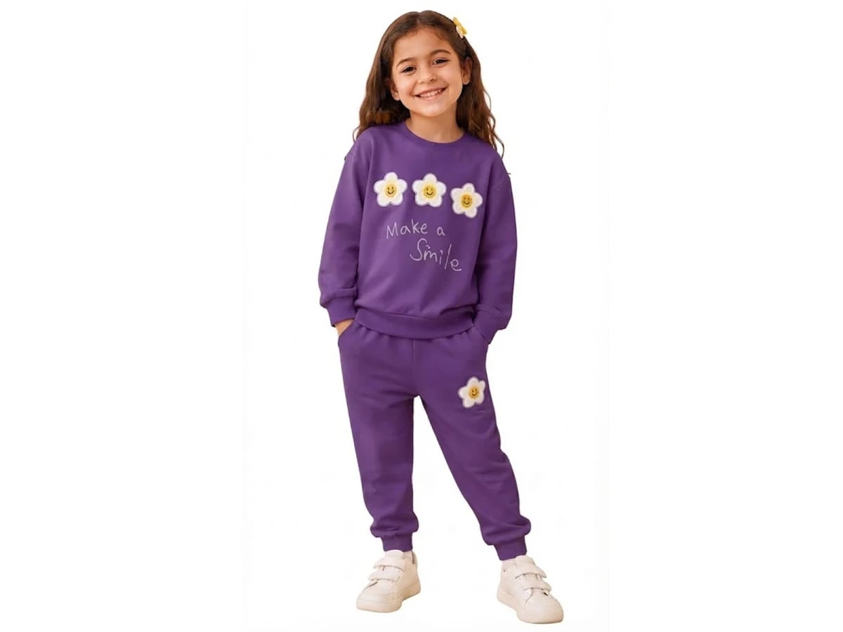 Girls' Daisy Smiley Sweatshirt and Trousers Set - Purple (Pack of 4) - Palm Life - by Peralane